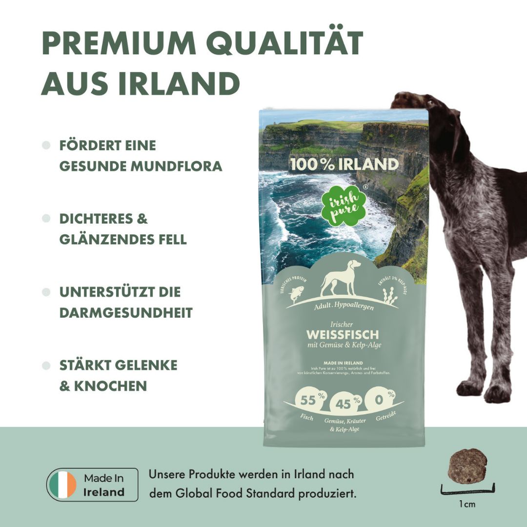 Hundefutter-Sack "Irish Pure" mit Weißfisch, gefördert durch Premium Qualität aus Irland.