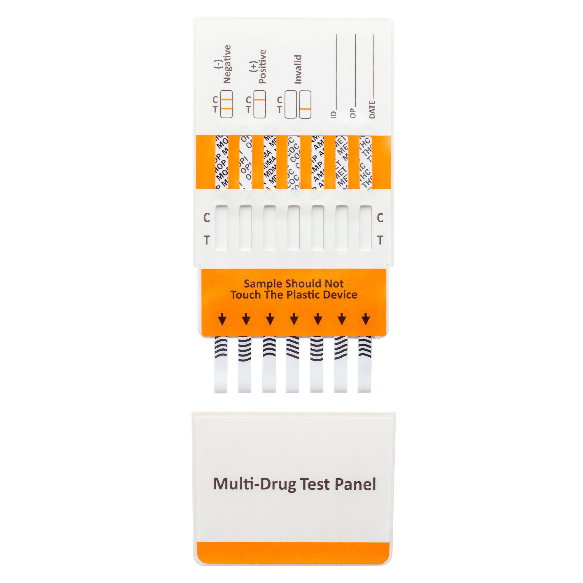 Multi-Drogentest-Panel. Weißes Kunststoffgehäuse mit Teststreifen. Orangefarbene Bereiche mit Beschriftungen. Ergebnisse: negativ, positiv, ungültig.