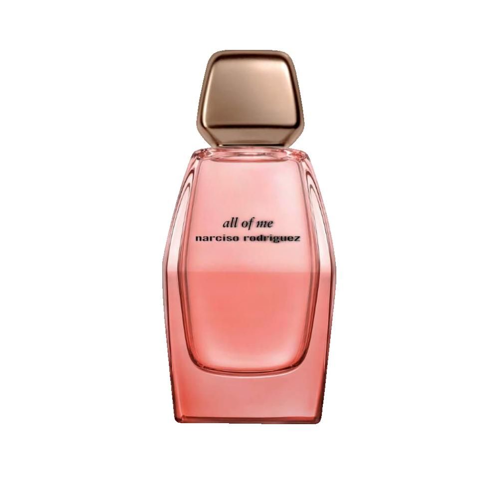 Parfümflakon, rosa Flüssigkeit, goldfarbener Verschluss. Aufschrift: all of me, narciso rodriguez.