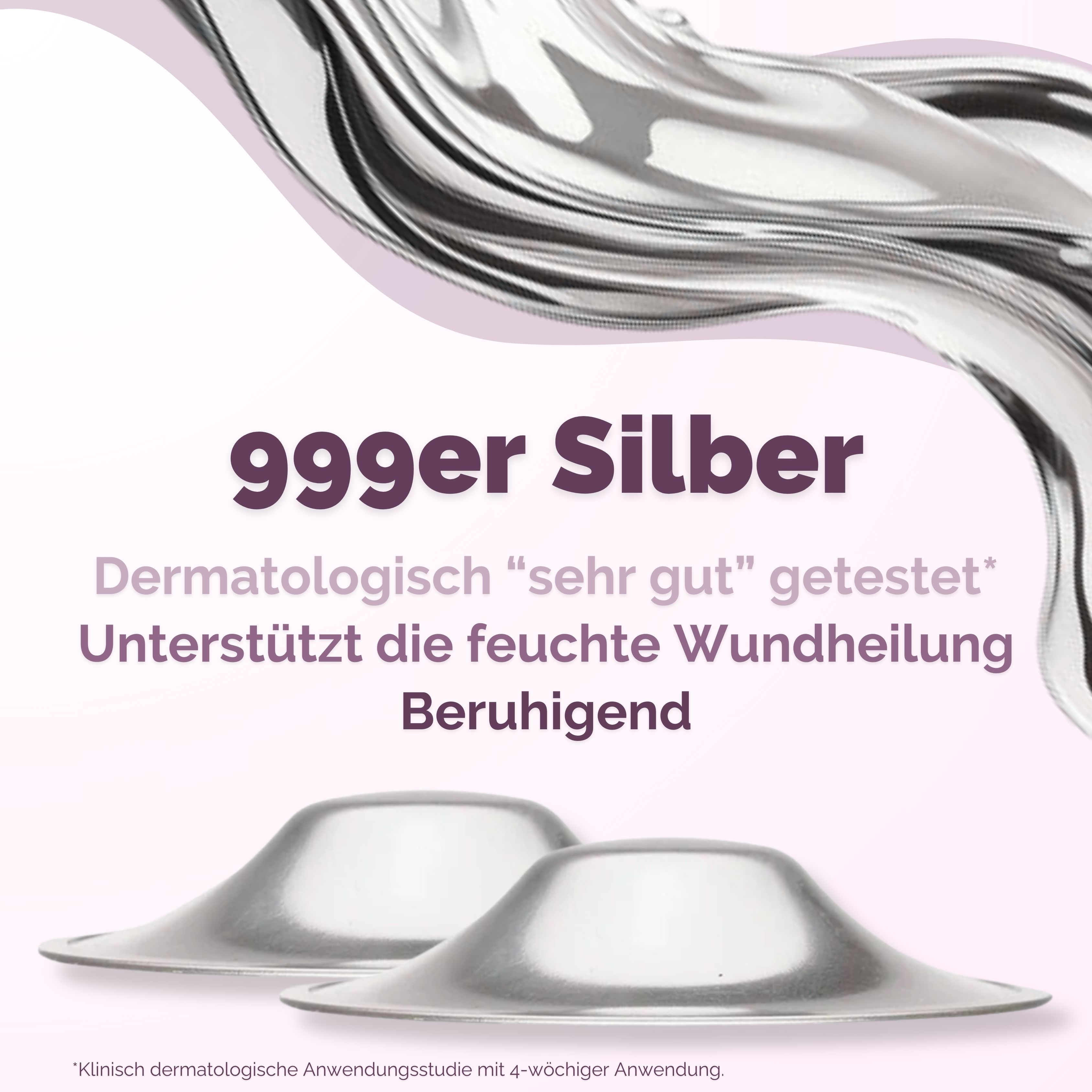 Zwei silberne Brusthütchen. Text: "999er Silber". Text: "Dermatologisch 'sehr gut' getestet".