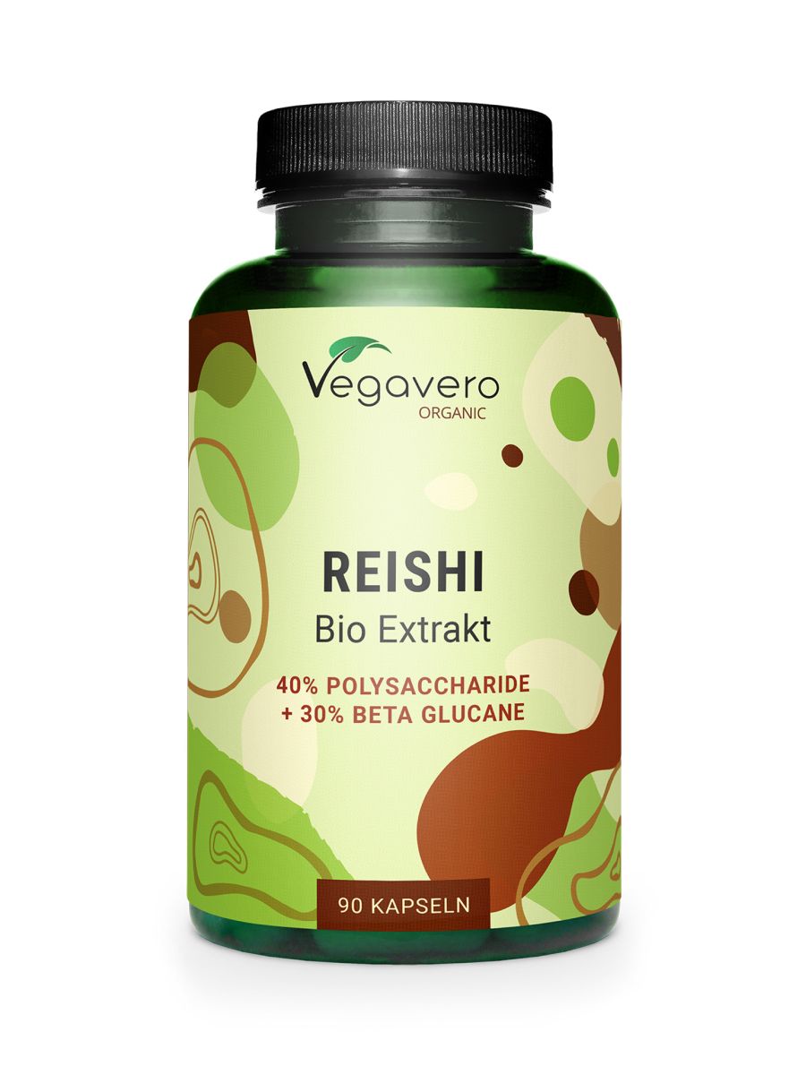 Vegavaro Reishi BIO Kapseln: Dunkelgrüner Behälter mit organischem Design, enthält 90 Kapseln.