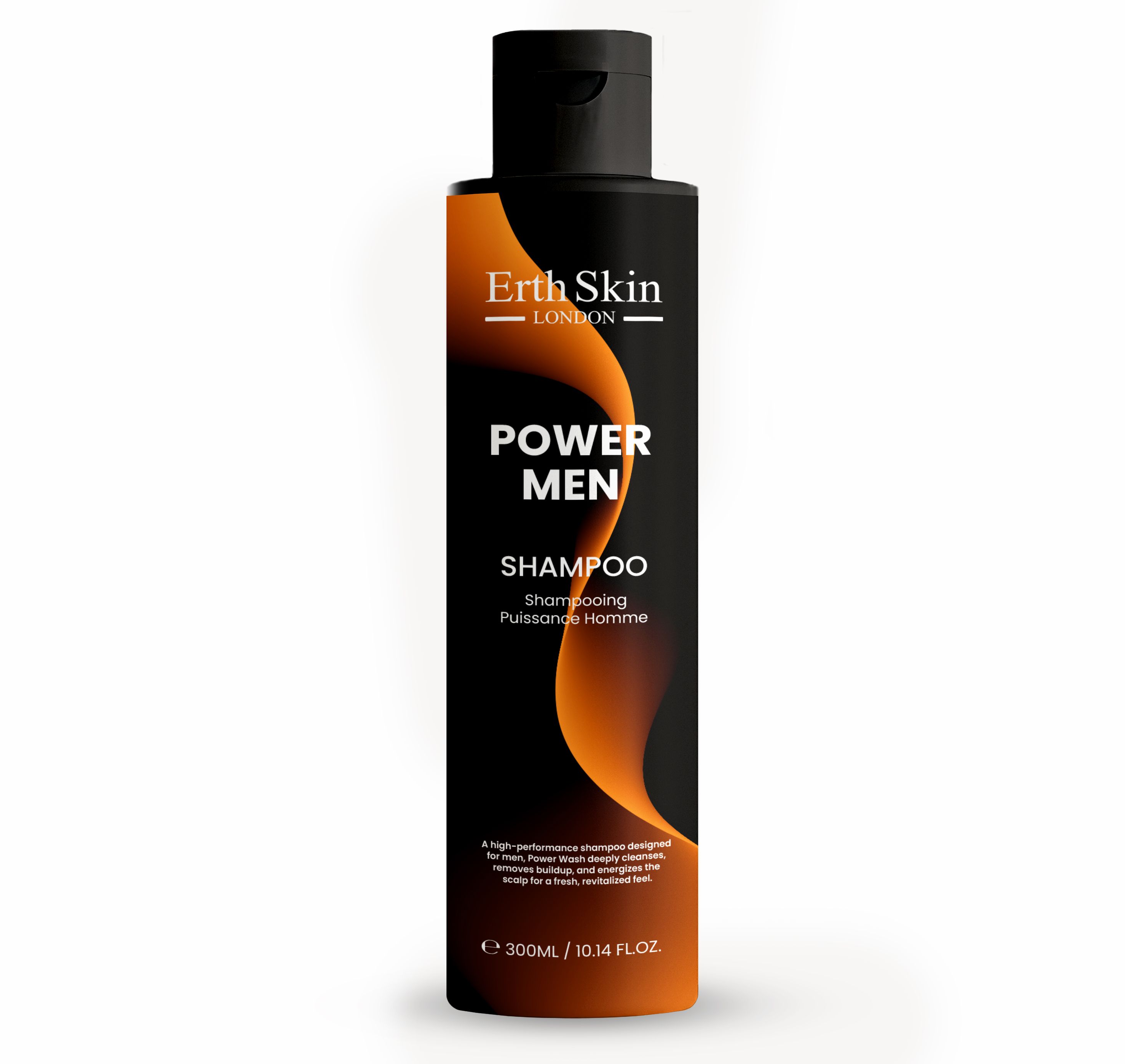 Schwarze Shampoo-Flasche mit orangefarbenem Design. Erth Skin London, Power Men Shampoo, 300ml.