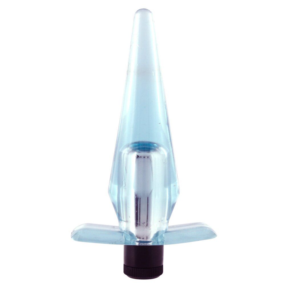 Hellblauer Analplug mit konischer Spitze, silberfarbenem Mittelteil und Basis. Mit vierflügeligem Griff.