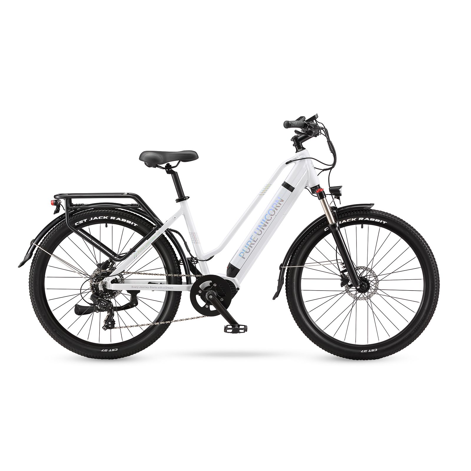 Weißes E-Bike mit schwarzen Reifen. Aufschrift: PURE UNICORN. Gepäckträger hinten.