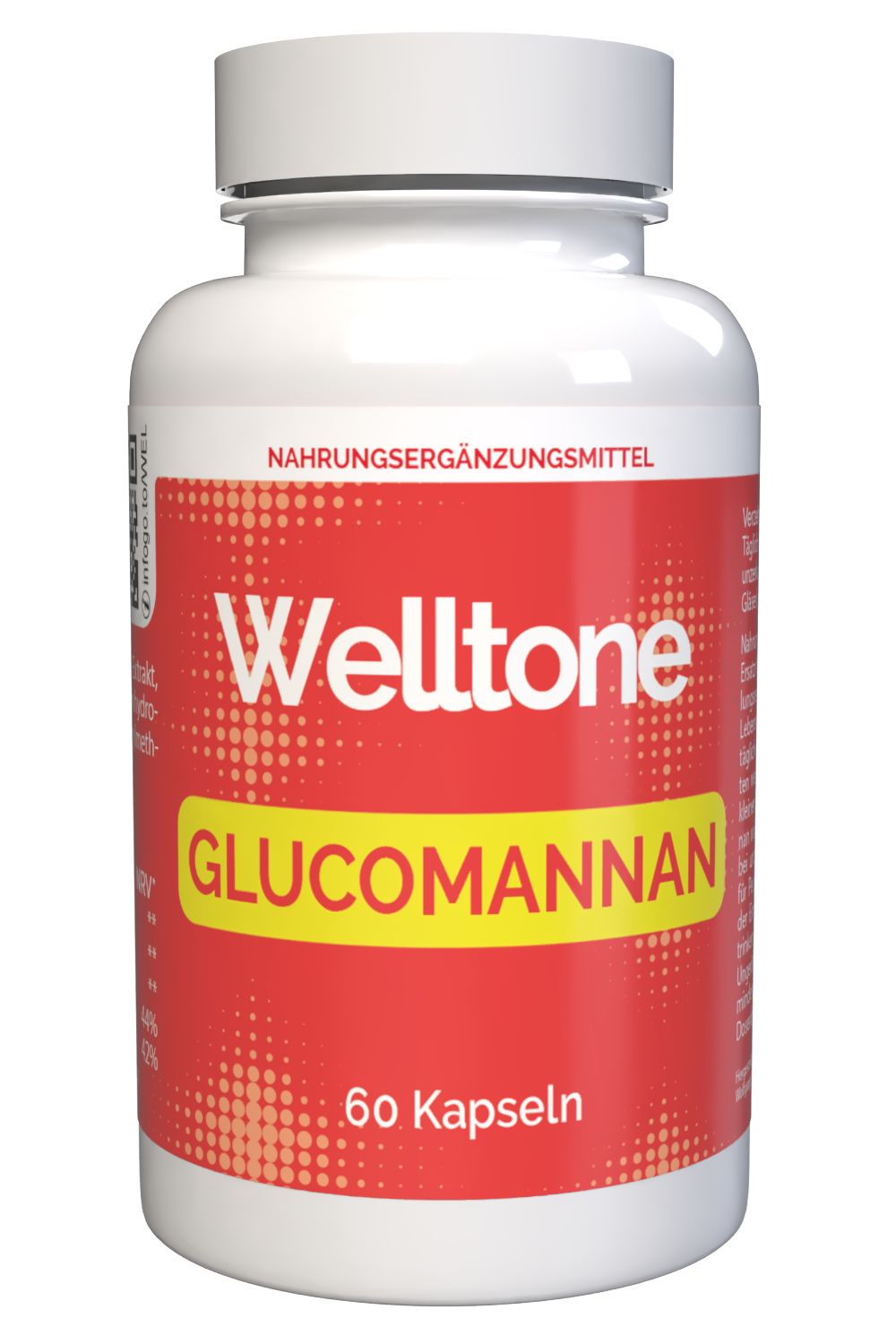 Weiße Flasche mit rotem Etikett. Aufschrift: Welltone Glucomannan, 60 Kapseln. Nahrungsergänzungsmittel.