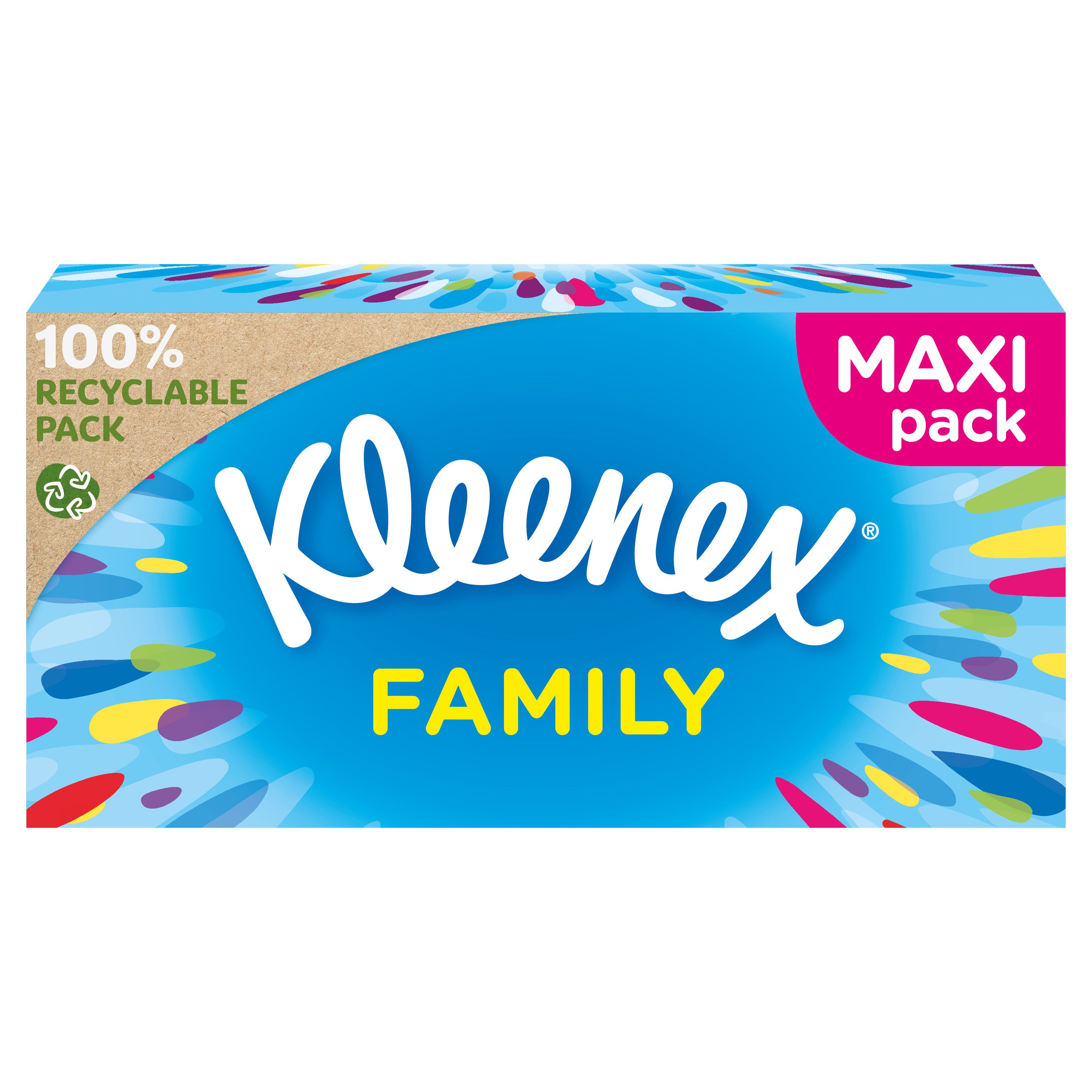 Blaue Box mit Kleenex-Logo und Schriftzug 'Family'. 'Maxi pack' und '100% recycelbar' sind sichtbar.
