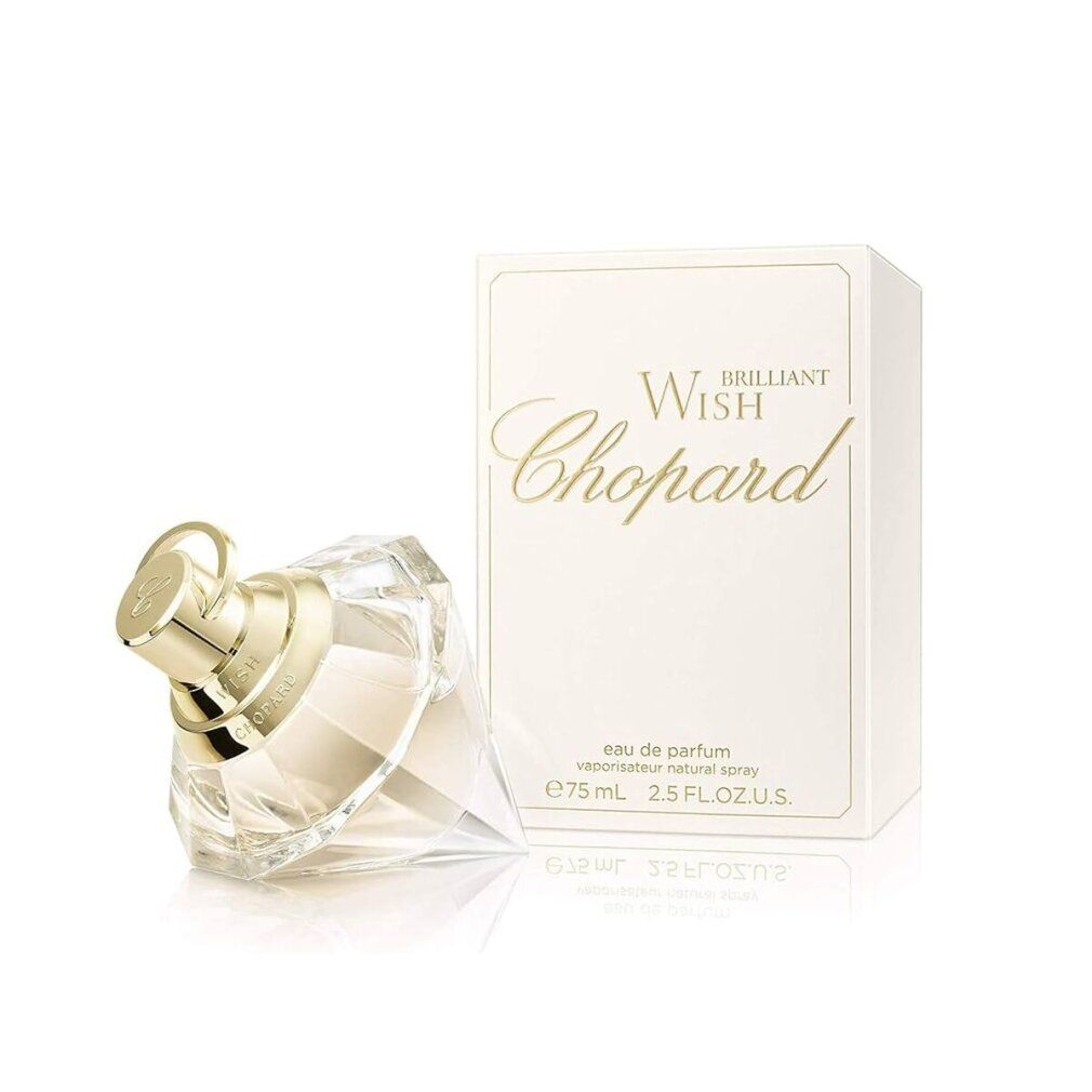 Parfümflakon und Verpackung. Der Flakon ist diamantförmig. Auf der Verpackung steht "Brilliant Wish Chopard".