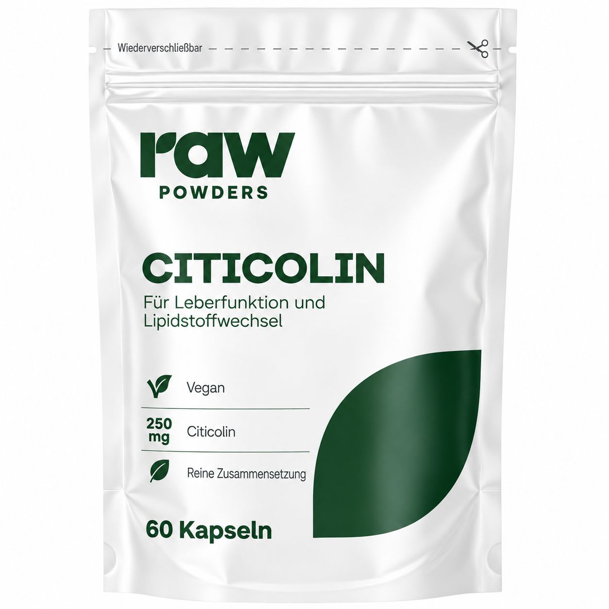 Verpackung mit 60 Kapseln Citicolin, vegan, 250 mg pro Kapsel.