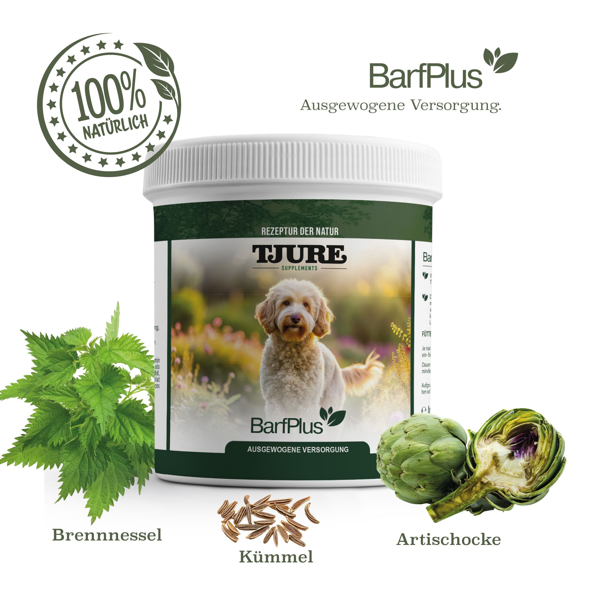 Weißes Tjure Hund Barf Plus-Behälter mit Aufdruck. 100% natürlich-Siegel. Brennnessel, Kümmel, Artischocke.