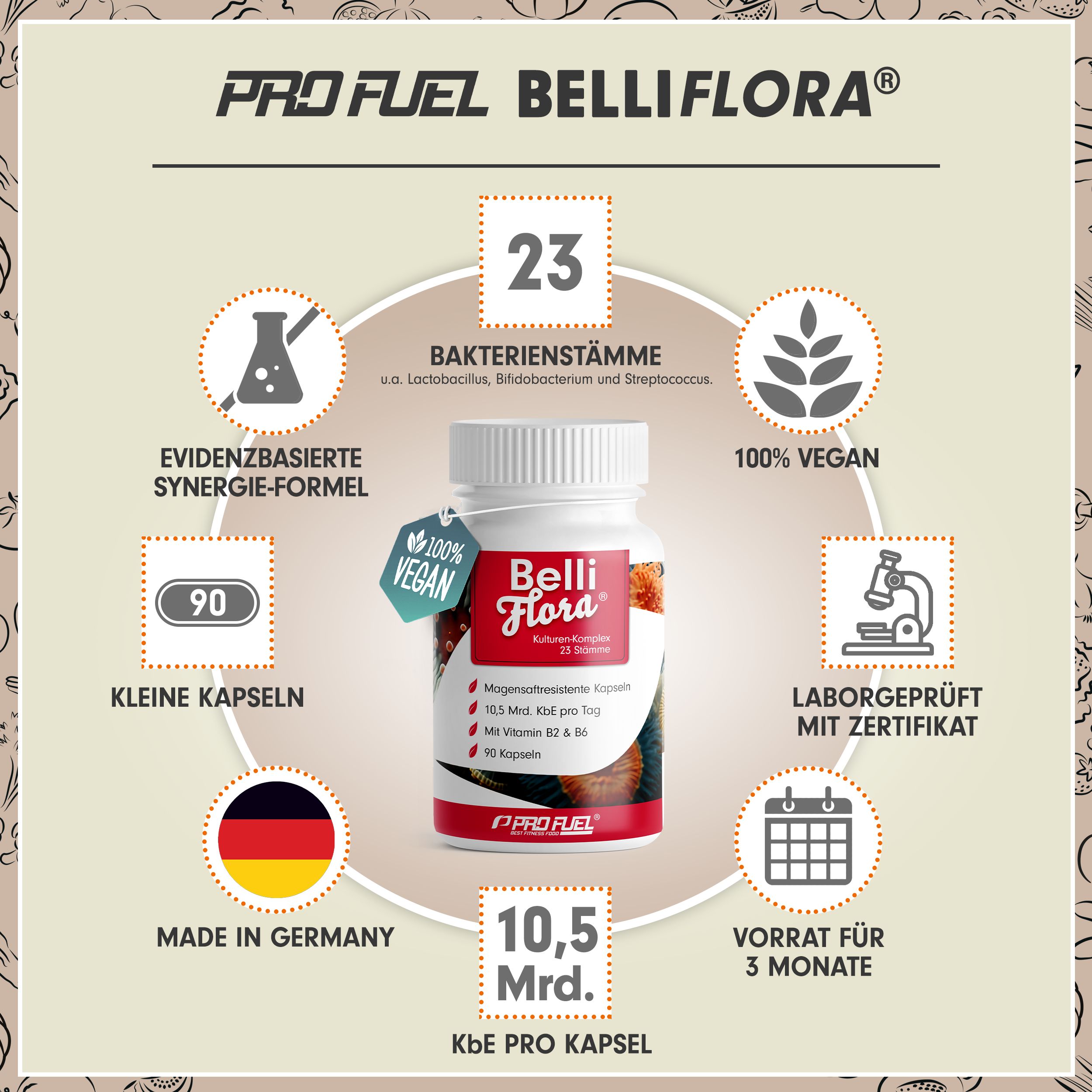 Weiße Flasche mit roten und weißen Etiketten. Text: Belli Flora, 90 Kapseln, 10,5 Mrd. KBE. Vegan. Made in Germany. Zertifiziert.