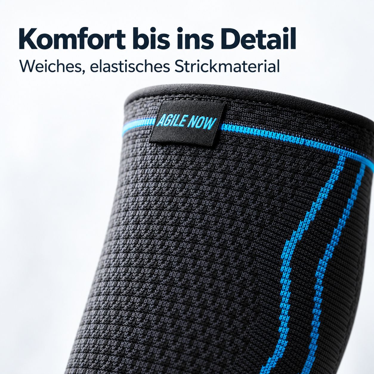 Nahaufnahme einer schwarzen Wadenbandage mit dem Logo 'AGILE NOW'.
