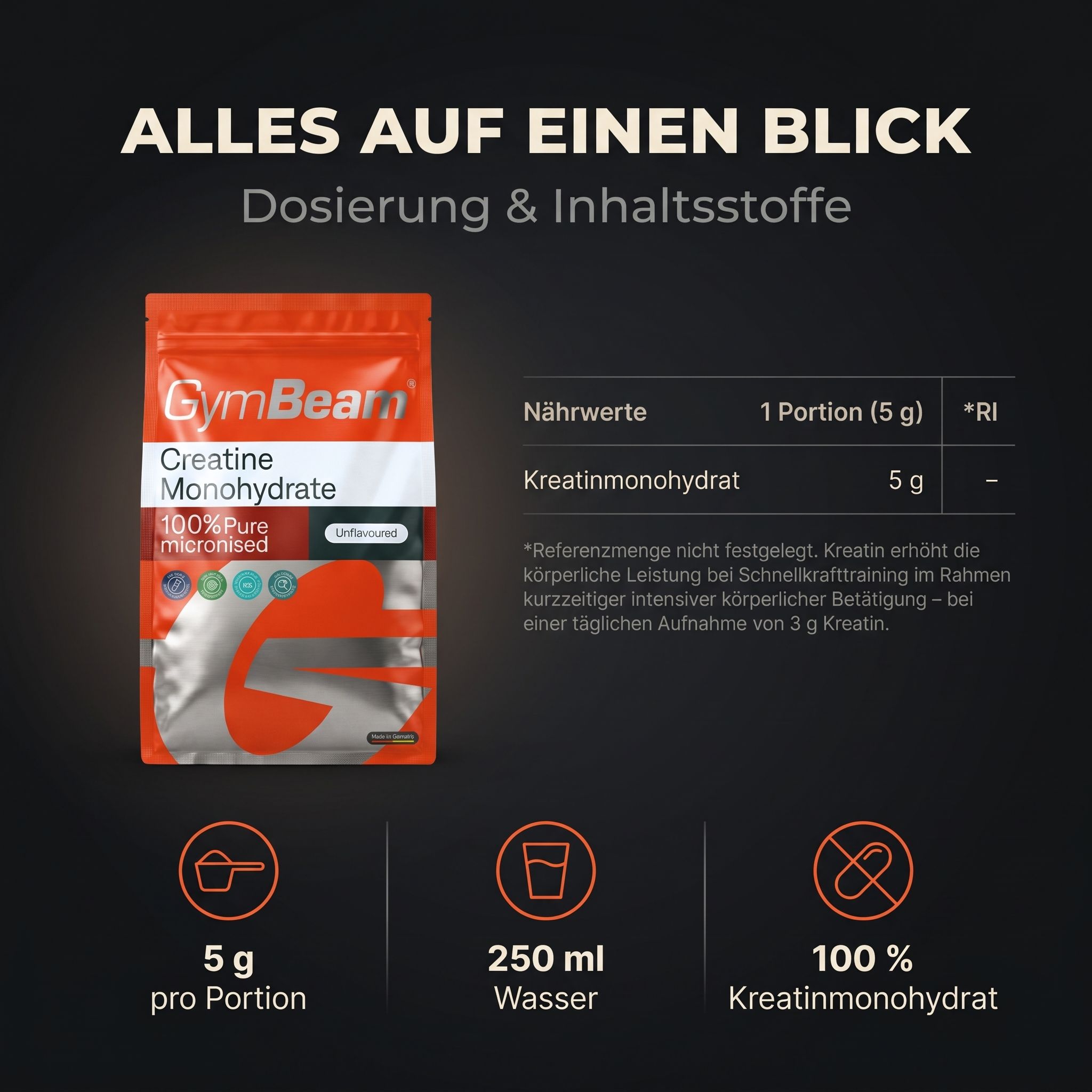 GymBeam Kreatin Monohydrat Beutel mit Nährwertangaben, Dosierung und Inhaltsstoffen.