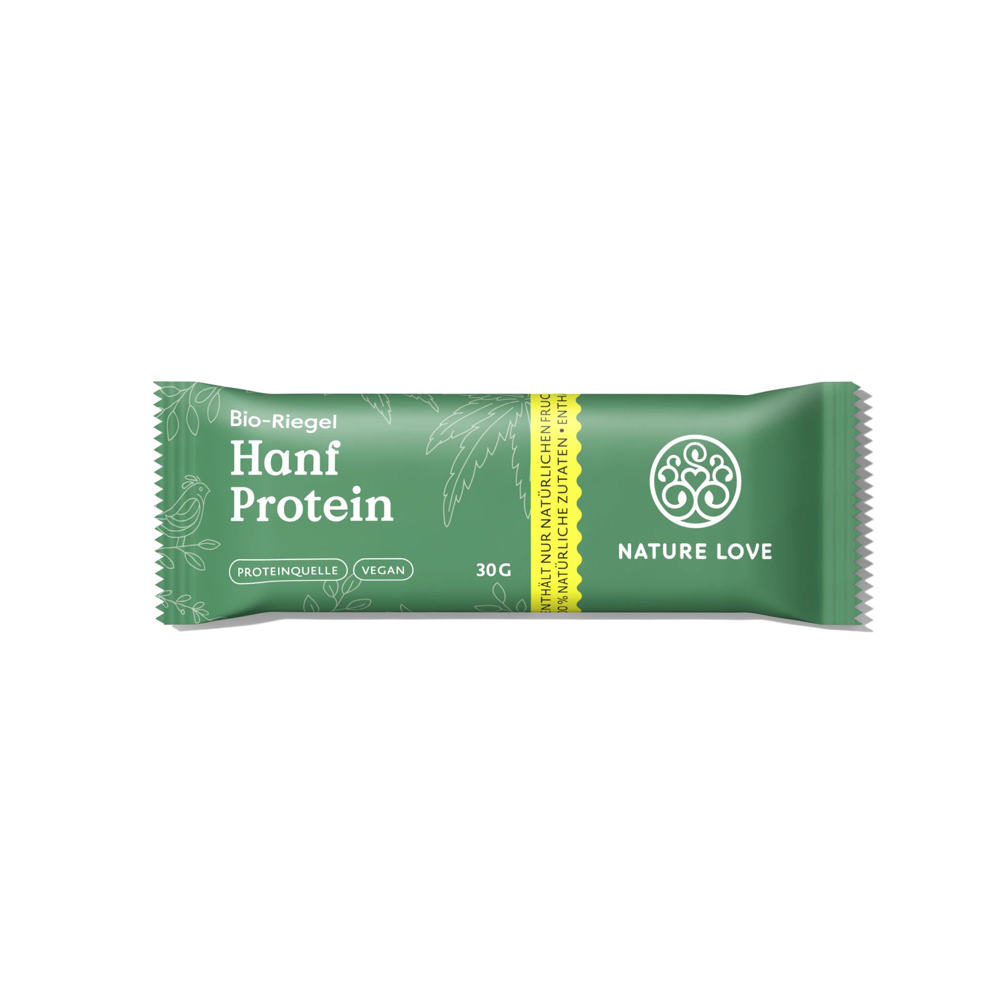 Grüner Riegel mit der Aufschrift "Hanf Protein". Enthält 30g. Marke: NATURE LOVE. Aufschrift: Bio-Riegel, Proteinquelle, Vegan.