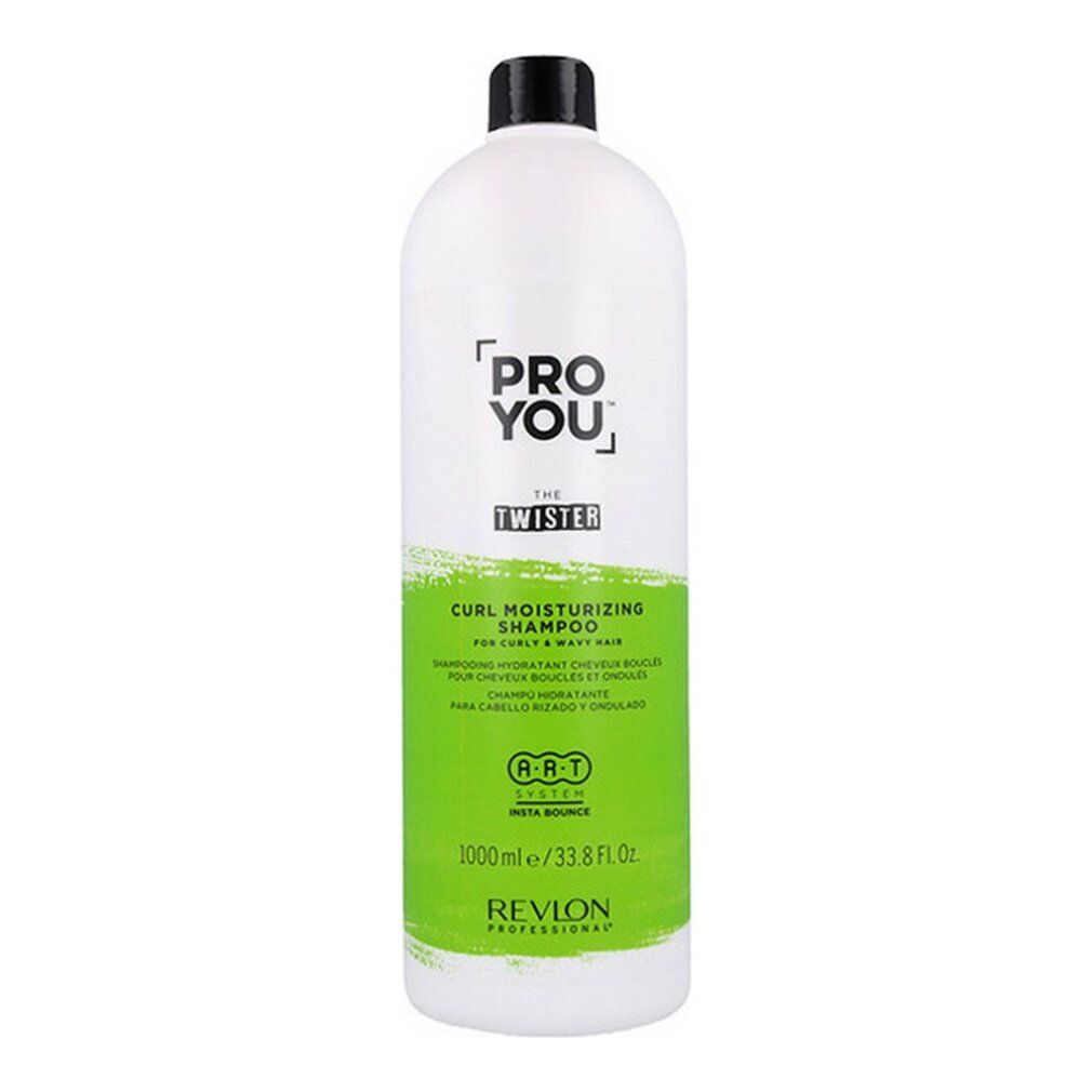Große weiße Shampoo-Flasche mit schwarzem Deckel. Aufschrift: Pro You The Twister. Grün-weißer Aufkleber mit Text und Logo.