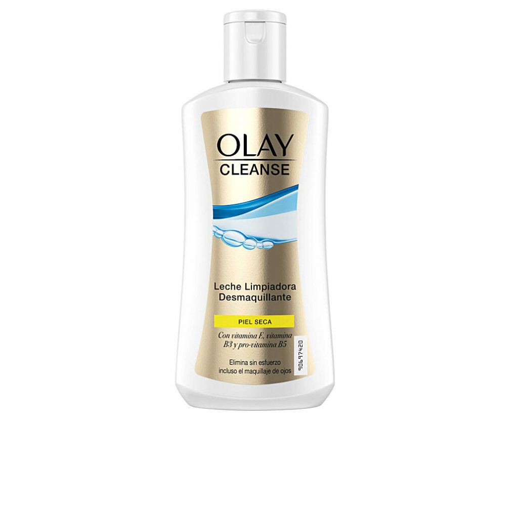 Weiße Flasche mit Olay Cleanse. Text: Leche Limpiadora Desmaquillante, für trockene Haut. Enthält Vitamin E, B3 und Pro-Vitamin B5.