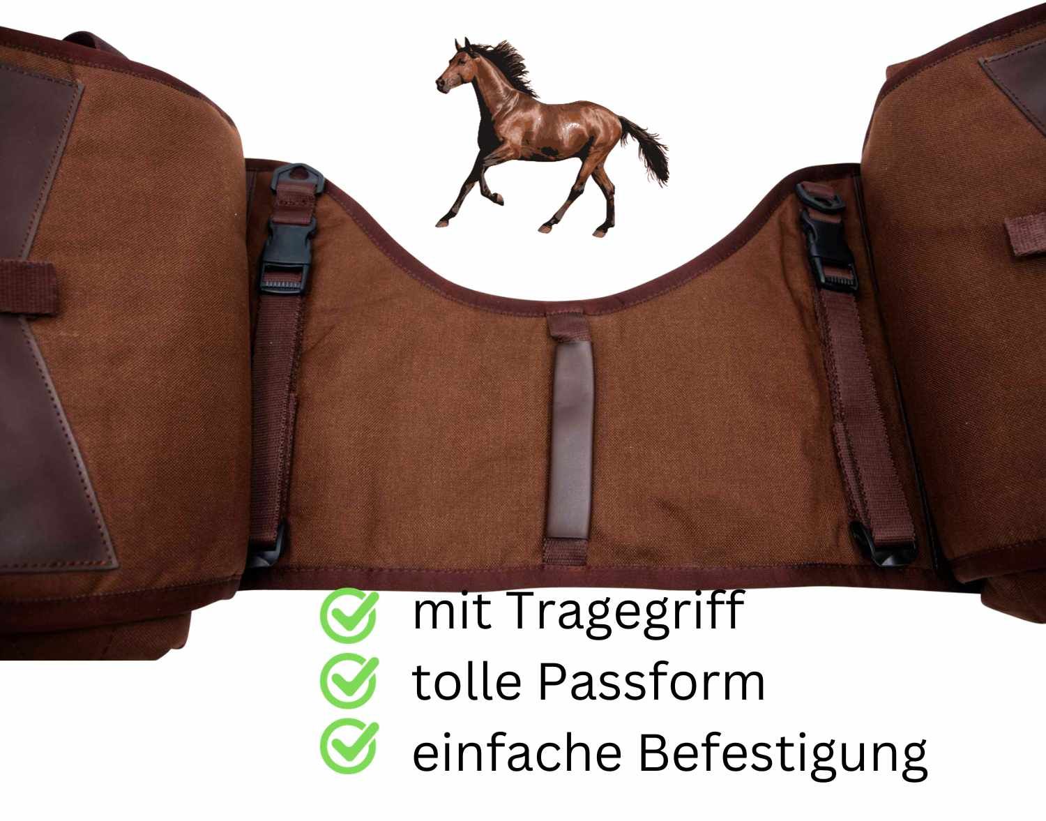 Braune Satteltasche mit Tragegriff. Text: mit Tragegriff, tolle Passform, einfache Befestigung.
