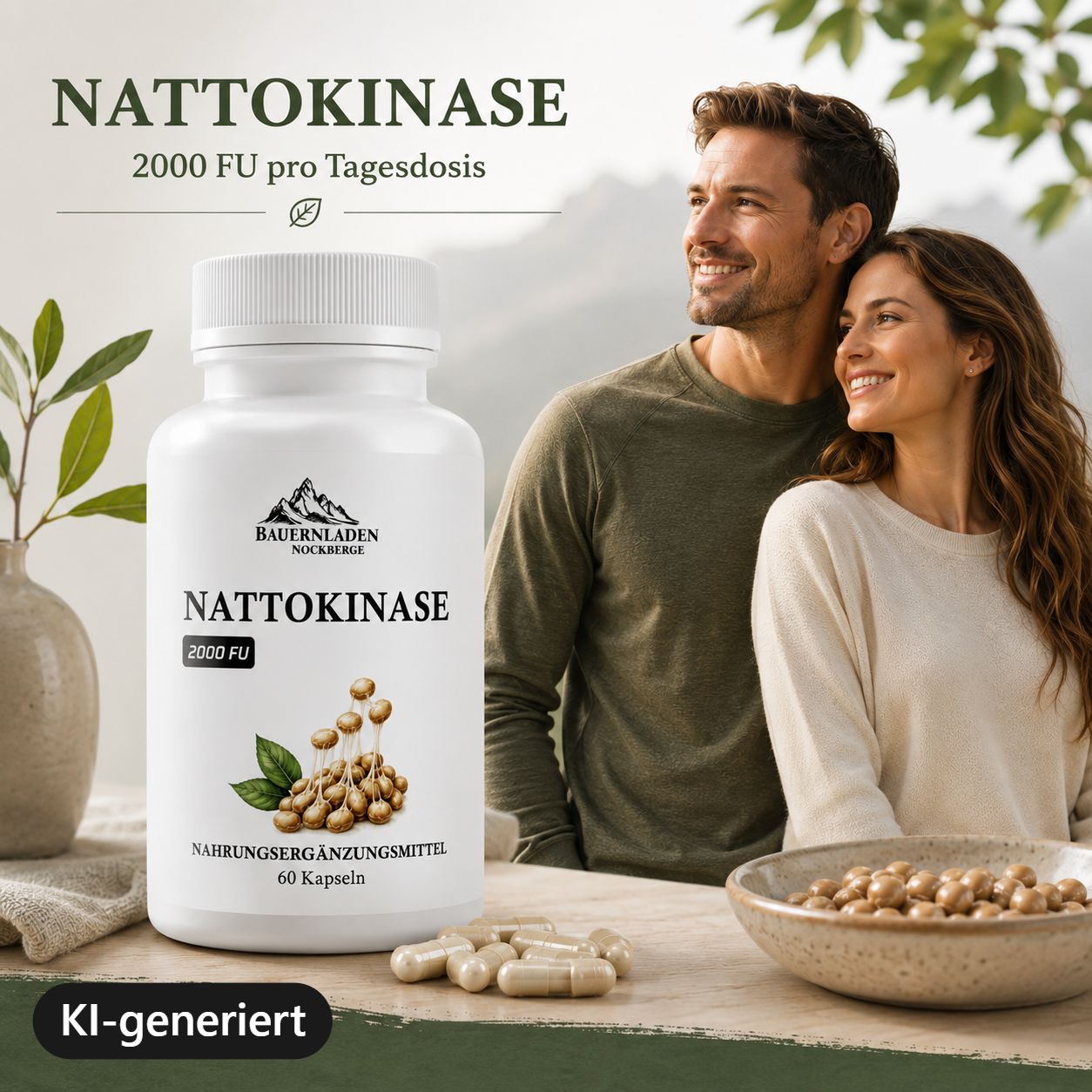 Flasche mit Nattokinase-Kapseln vor einem Paar, das lächelnd in die Ferne blickt.
