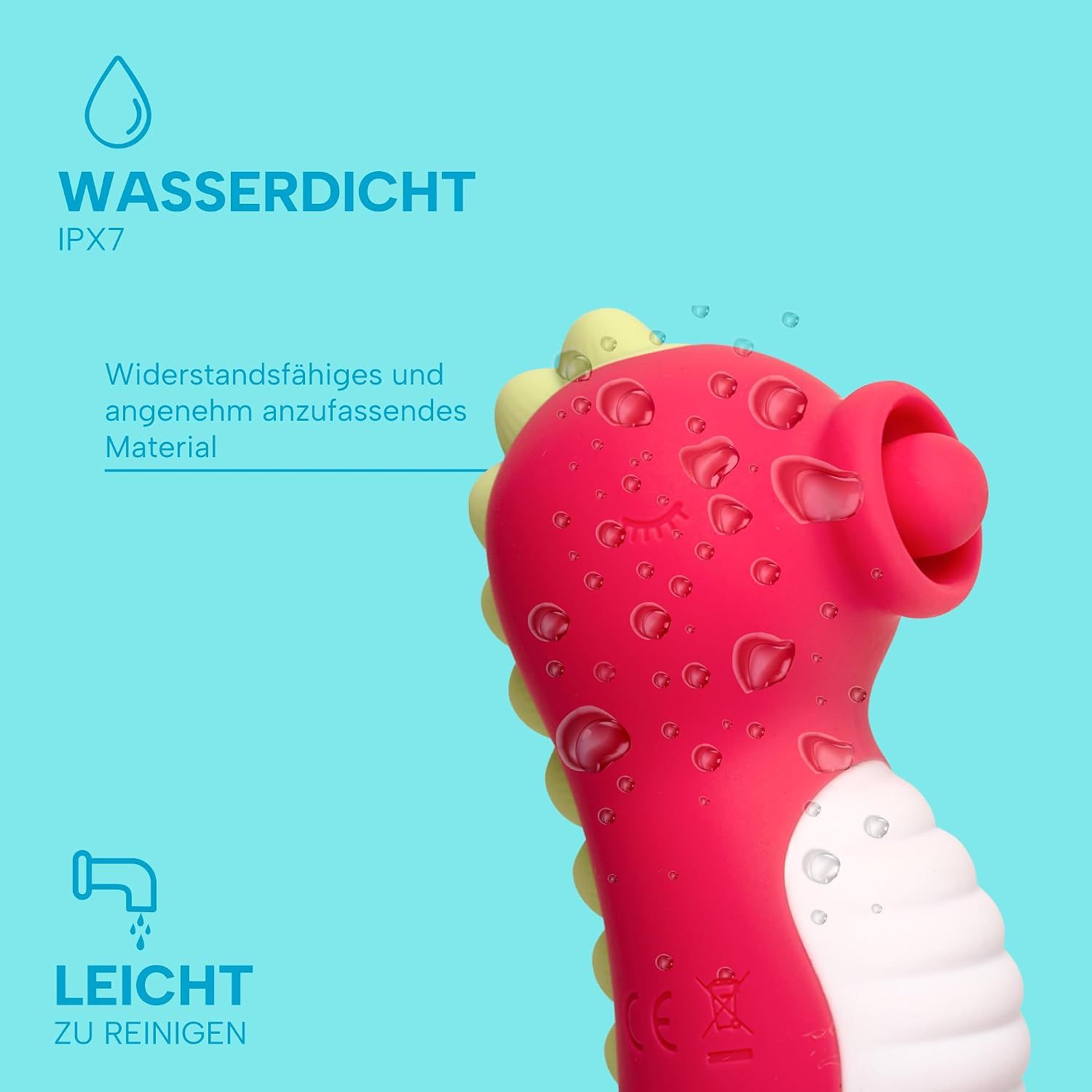 Roter Vibrator in Dinosaurierform neben schwarzer Verpackung.