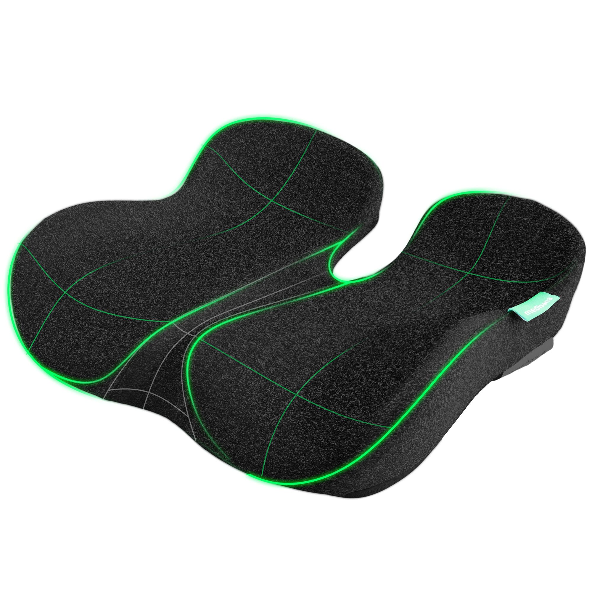 Schwarzes ergonomisches Sitzkissen mit grünen Konturen und Gitternetzmuster.