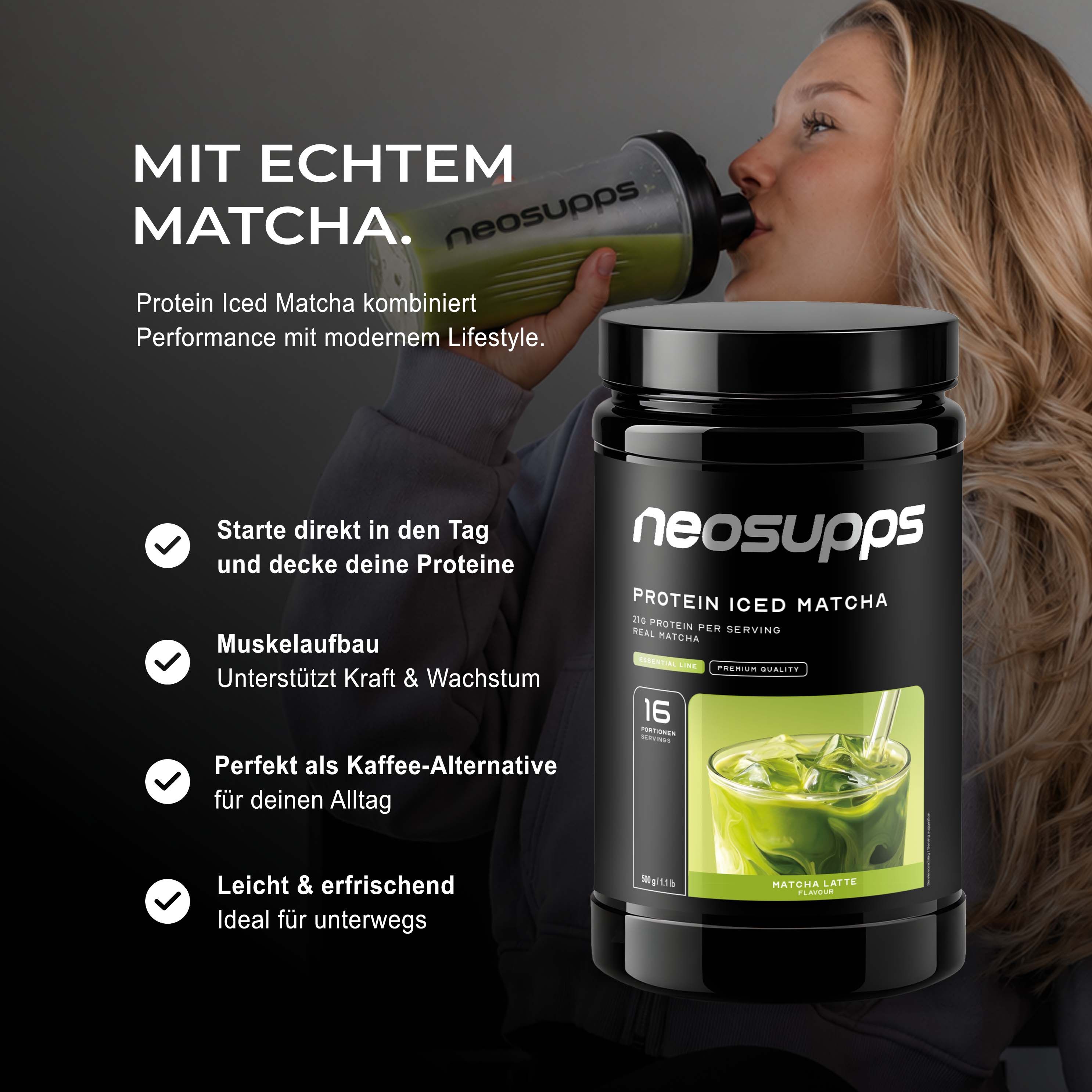 Neosupps Protein Iced Matcha Latte mit echtem Matcha, Eiweißpulver