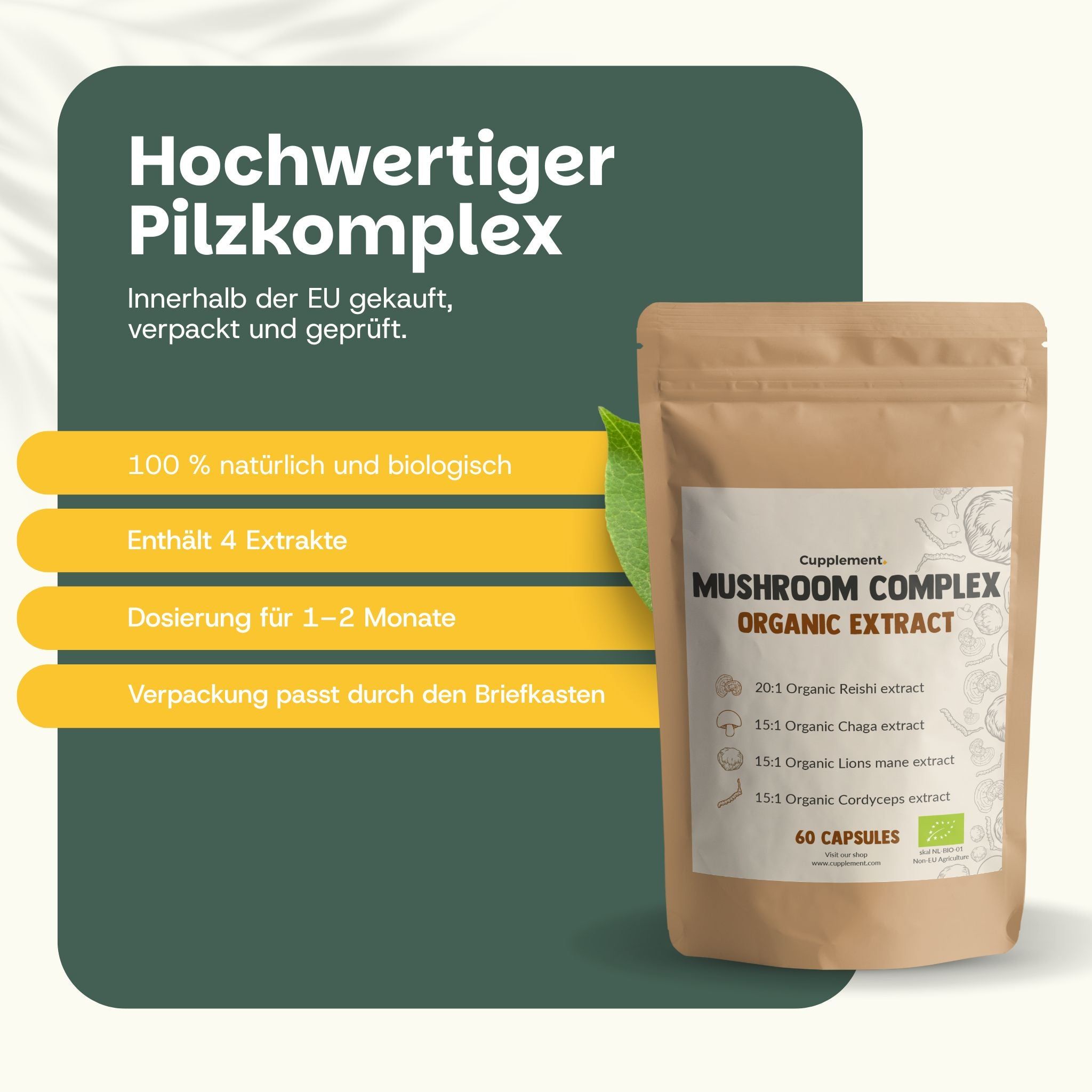 Infografik: Cupplement Organic Mushroom Complex. Kapsel mit Inhalt. Text: 100% natürlich, vegan, organisch.