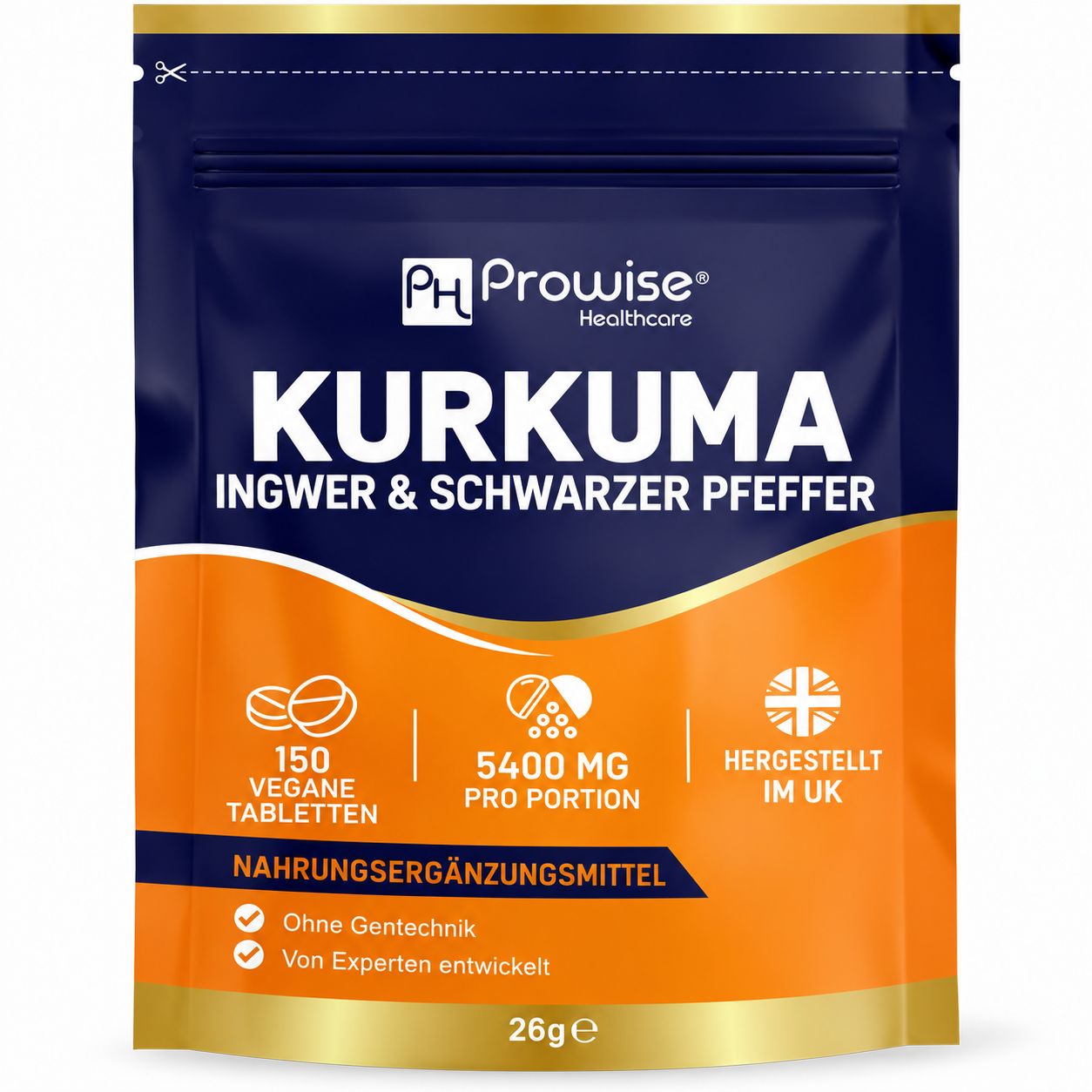 Prowise Kurkuma Ingwer & Schwarzer Pfeffer Nahrungsergänzungsmittel, 150 vegane Tabletten.