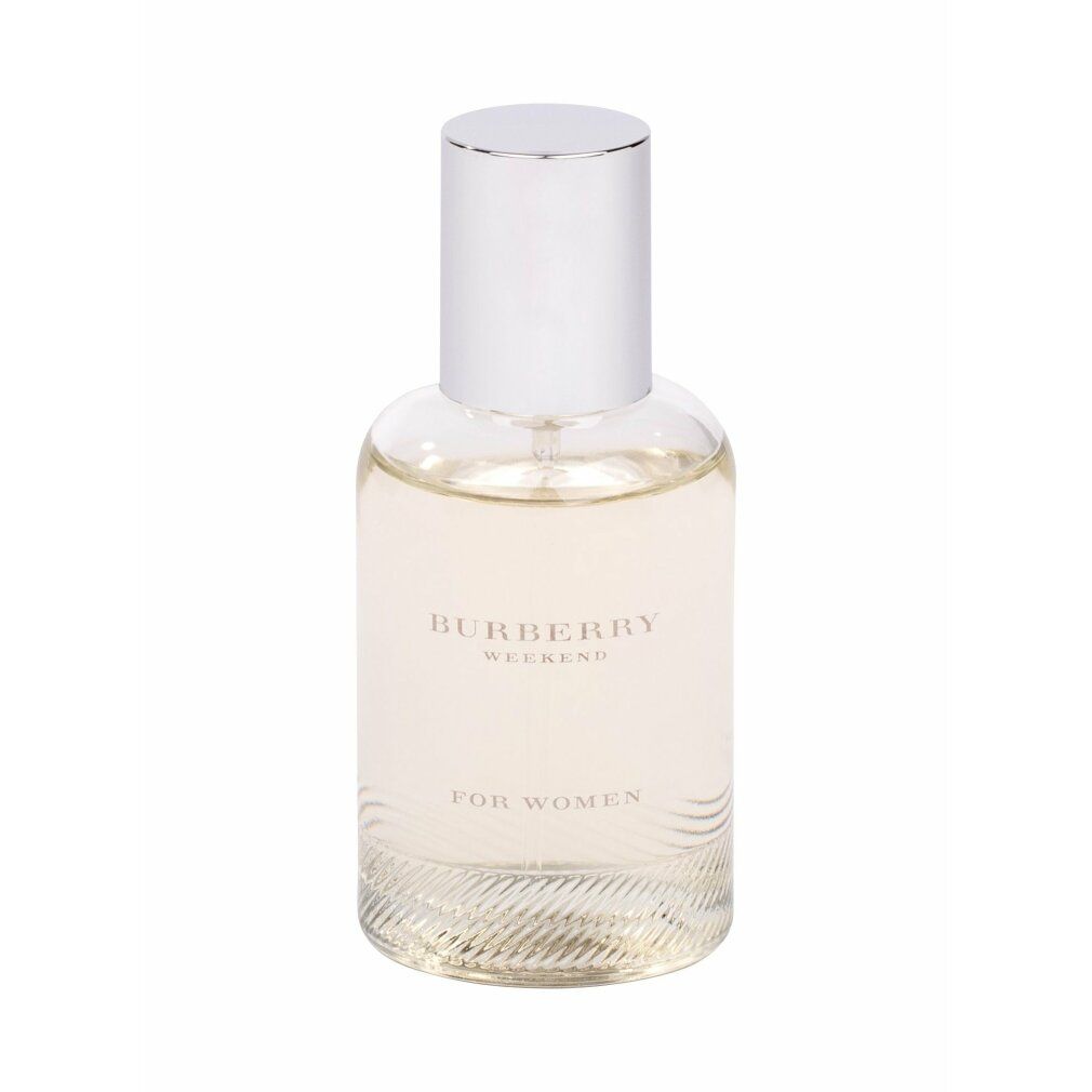 Burberry Weekend Eau de Parfum Spray für Damen. Transparenter Flakon mit silbernem Verschluss. Aufschrift: Burberry Weekend.