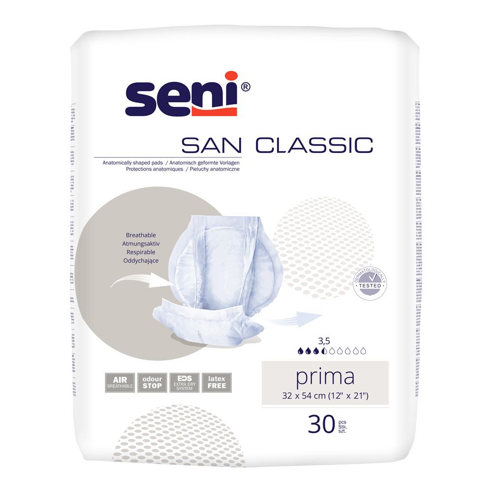 Verpackung Seni San Classic Prima. Anatomisch geformte Vorlagen. 30 Stück. Größe 3,5. Mit Air-System, Odour Stop, EDS und Latex-frei.