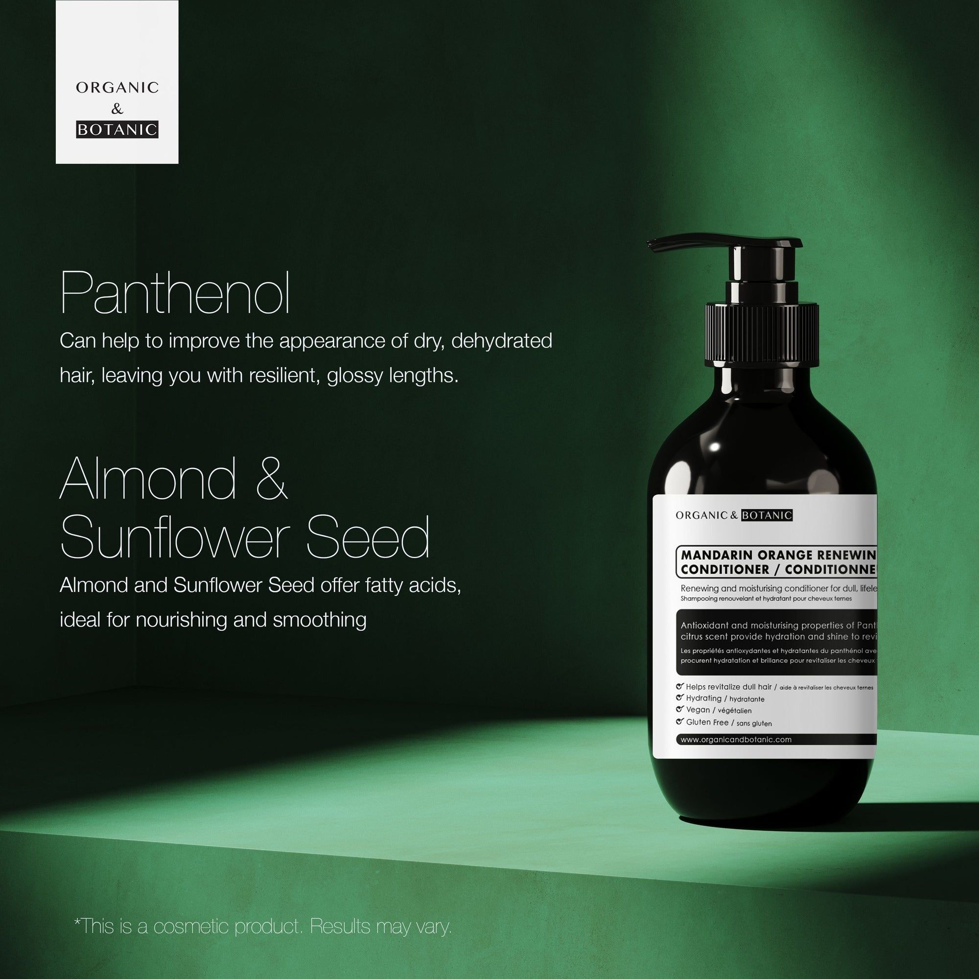 Braune Flasche mit schwarzem Pumpkopf. Etikett mit Produktinformationen: Mandarin Orange Renewing Conditioner. Marke: Organic & Botanic. Auf grünem Hintergrund.