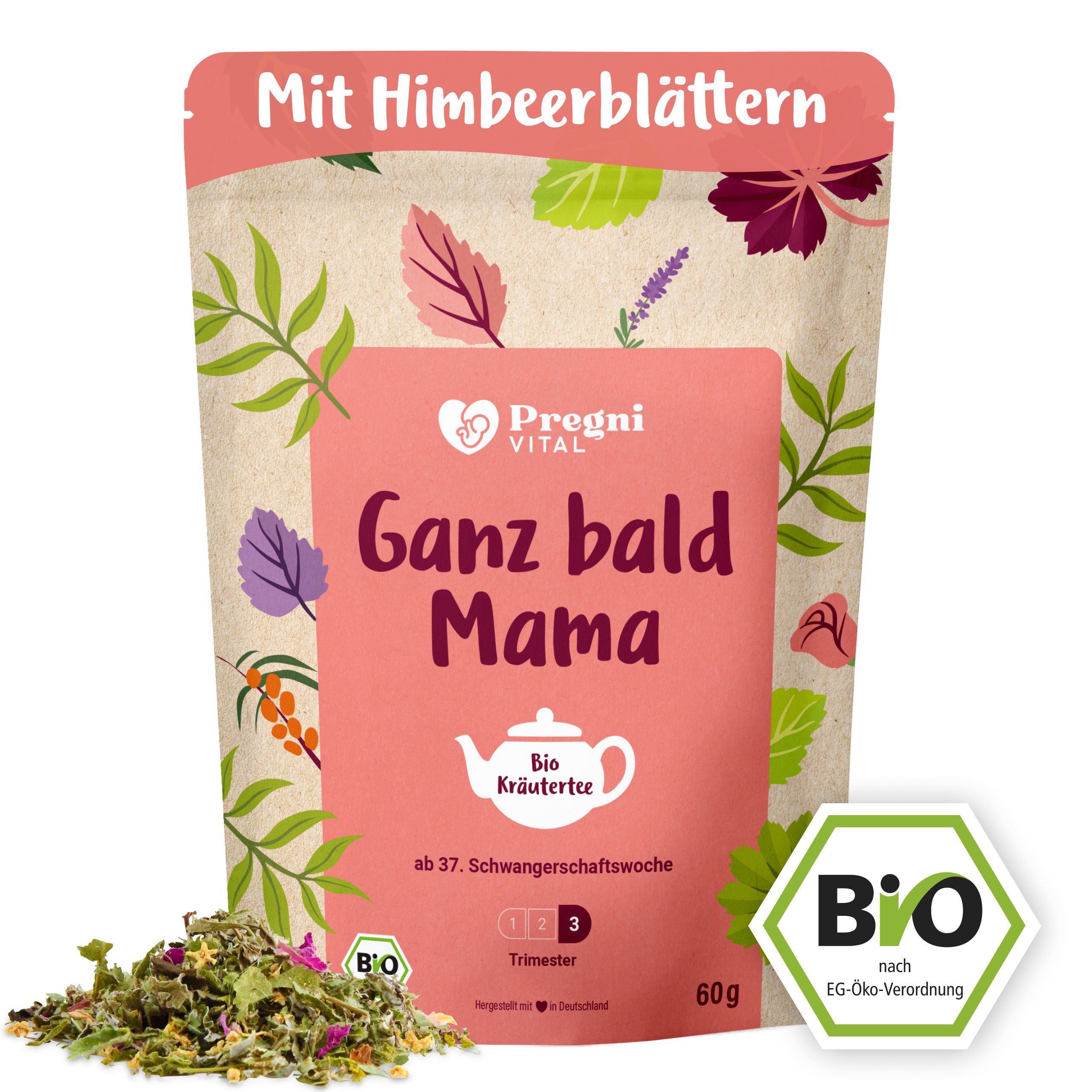 PregniVital Bio Kräutertee "Ganz bald Mama" Beutel mit Himbeerblättern, Frauenmantel und BIO-Siegel.