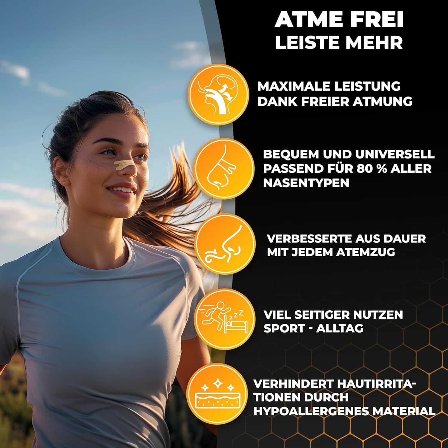 Eine Frau läuft, mit Nasenpflaster. Grafische Elemente zeigen Vorteile: freies Atmen, universell passend, verbesserte Ausdauer, vielseitig nutzbar, hypoallergen.