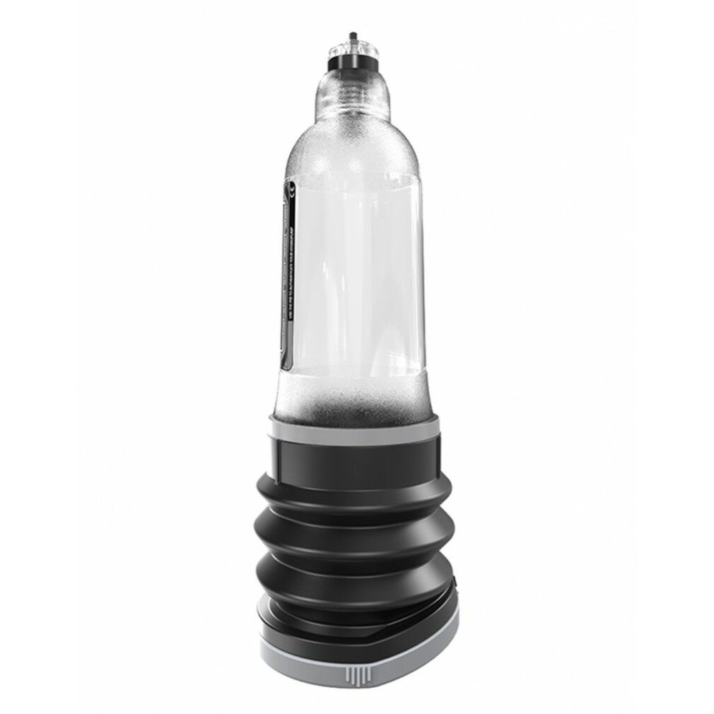 Klarer Zylinder mit schwarzem, geriffeltem Sockel. Bathmate Hydromax7.