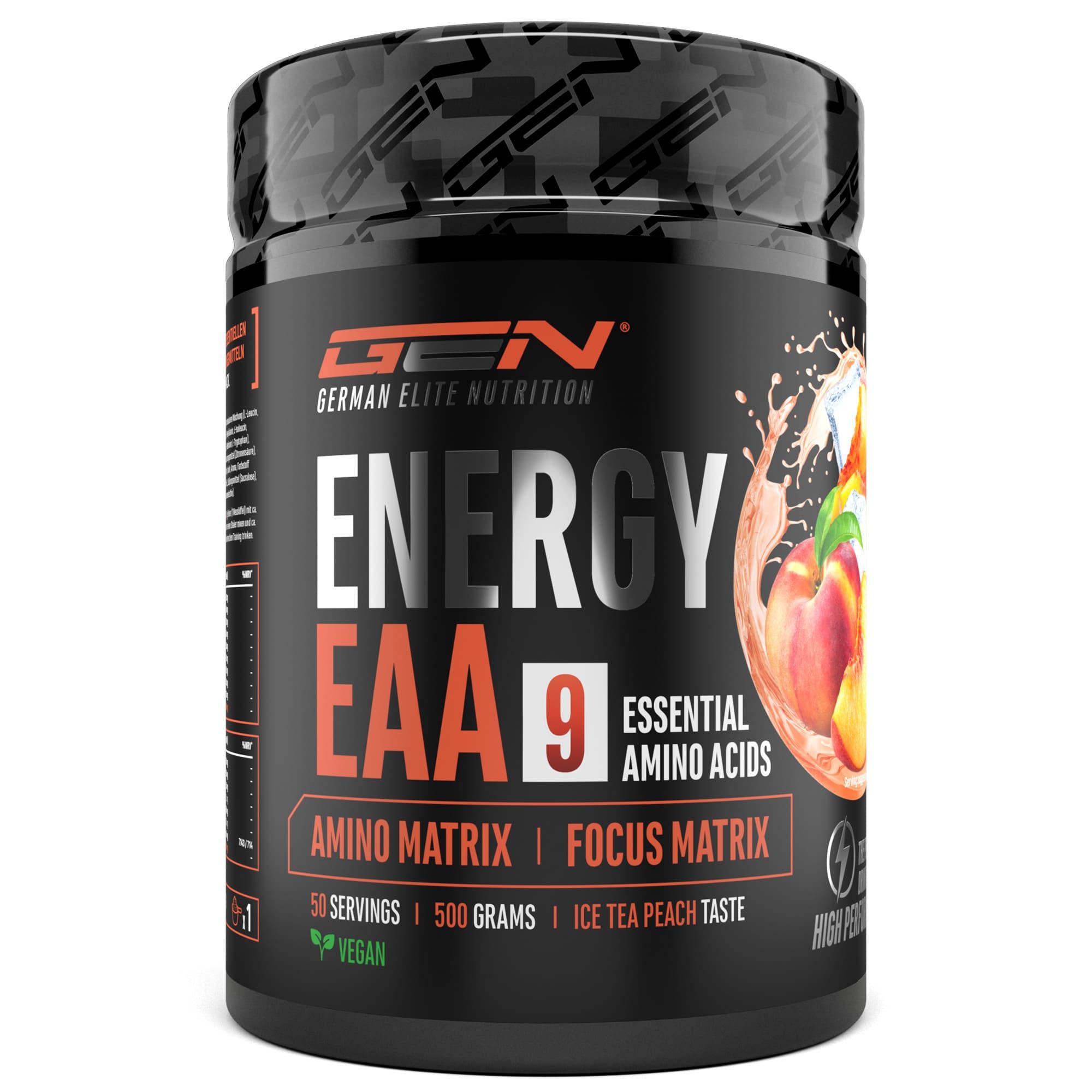 Schwarze Dose mit Aufschrift ENERGY EAA 9. Enthält Aminosäuren und Focus Matrix. 50 Portionen, 500 Gramm, Ice Tea Peach Geschmack.