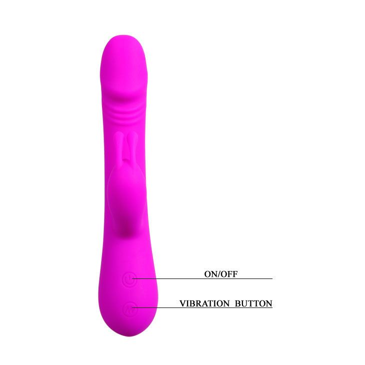 Pinkfarbener Vibrator mit Kaninchenohren-Design. Beschriftung: ON/OFF, Vibration Button.