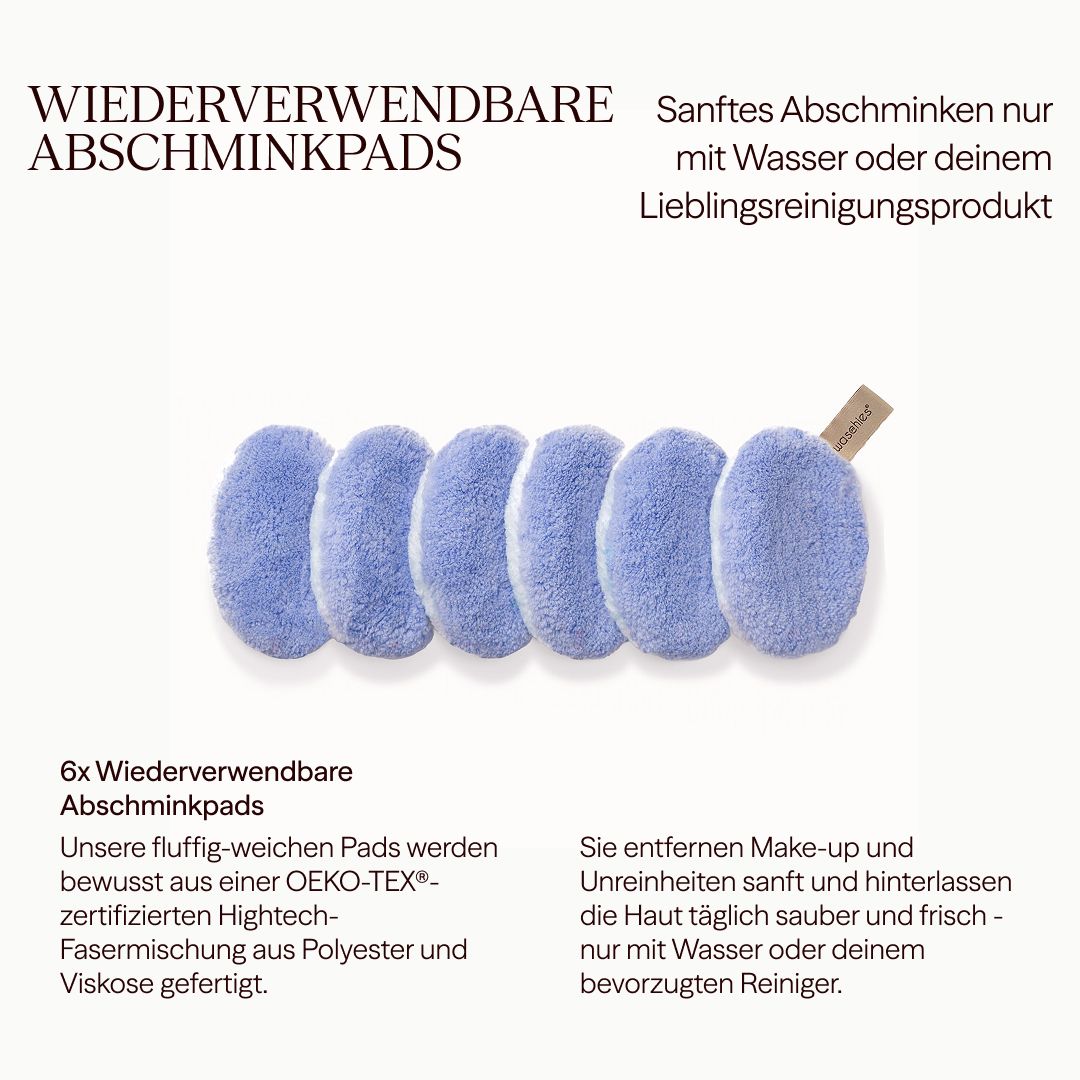6 blaue, wiederverwendbare Abschminkpads. Text: Wiederverwendbare Abschminkpads. 6x wiederverwendbar. Oeko-Tex zertifiziert.