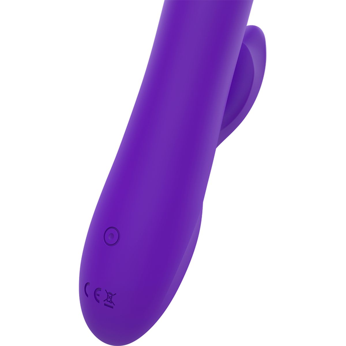 Nahaufnahme eines lila Vibrators. Sichtbar: Bedienknopf, CE-Kennzeichnung.