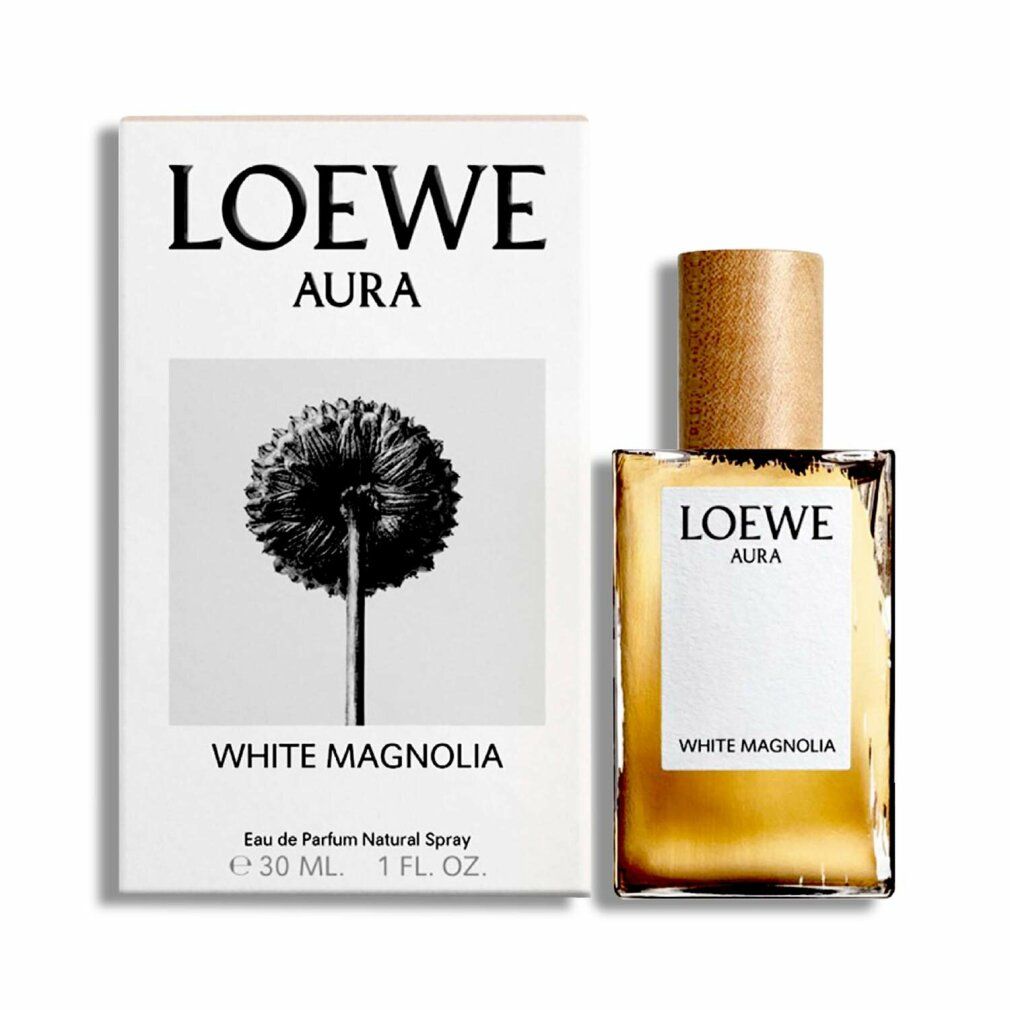 Loewe Aura White Magnolia Eau de Parfum Flakon und Verpackung. Rechteckiger Flakon mit Holzverschluss. Verpackung mit Logo und Produktnamen.