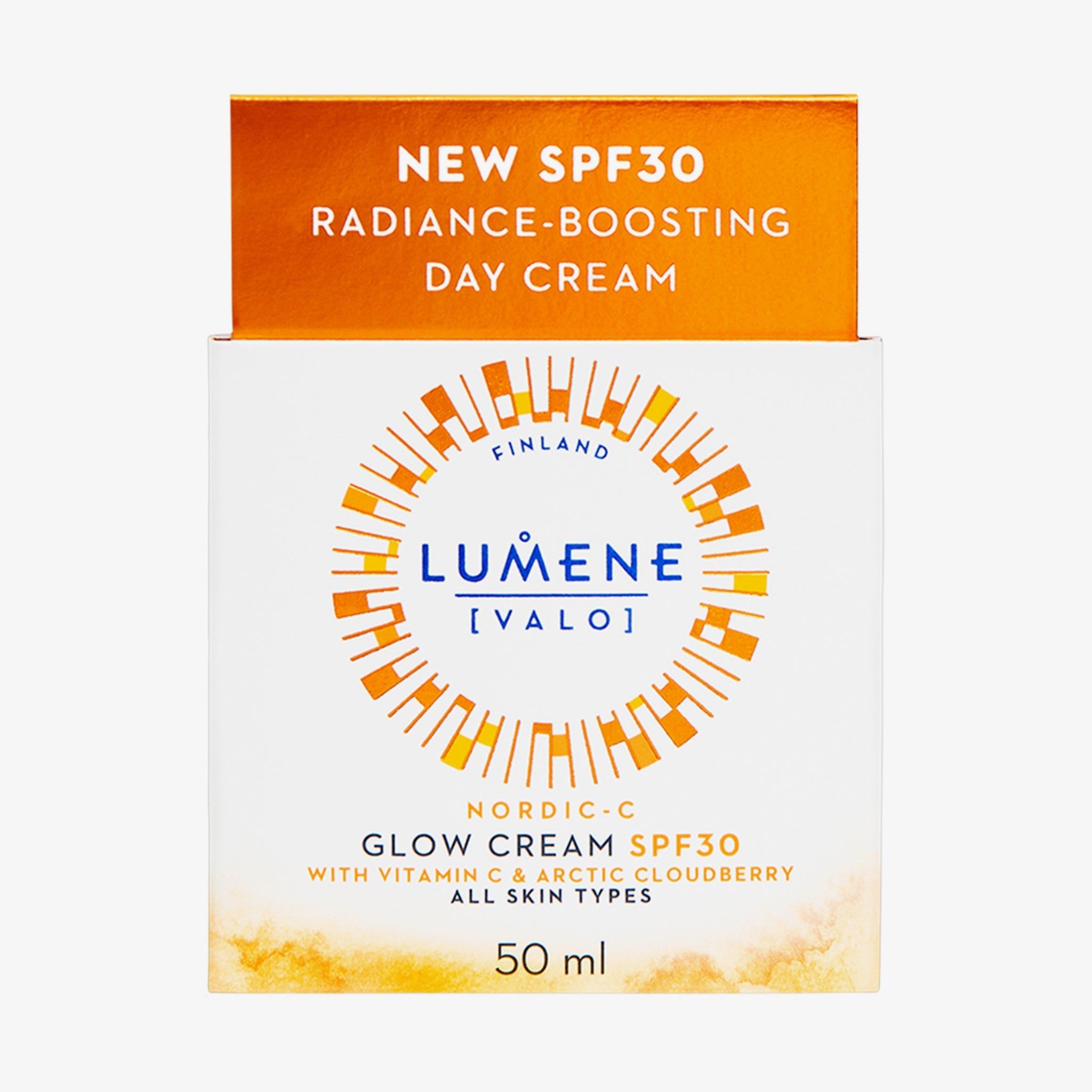Verpackung mit Aufschrift: LUMENE, NORDIC-C [VALO] GLOW CREAM SPF30. Mit 50 ml.