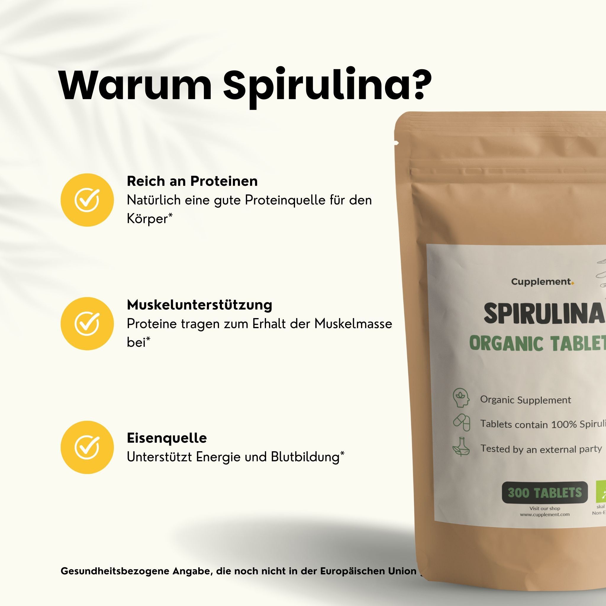 Beutel mit Spirulina-Tabletten. Text: Warum Spirulina? Reich an Proteinen, Muskelunterstützung, Eisenquelle.