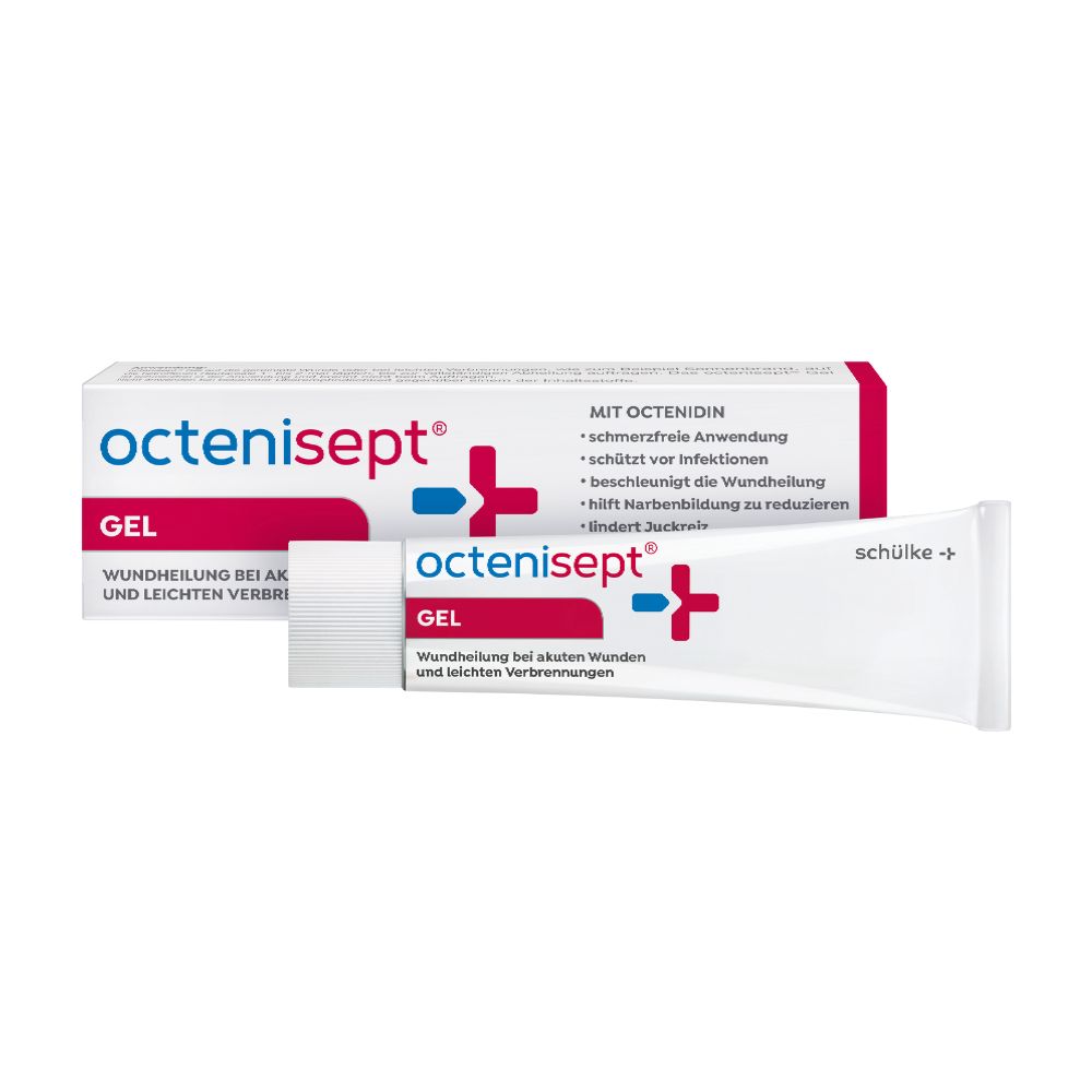 Octenisept Wundgel Tube und Faltschachtel mit rotem und blauem Logo.
