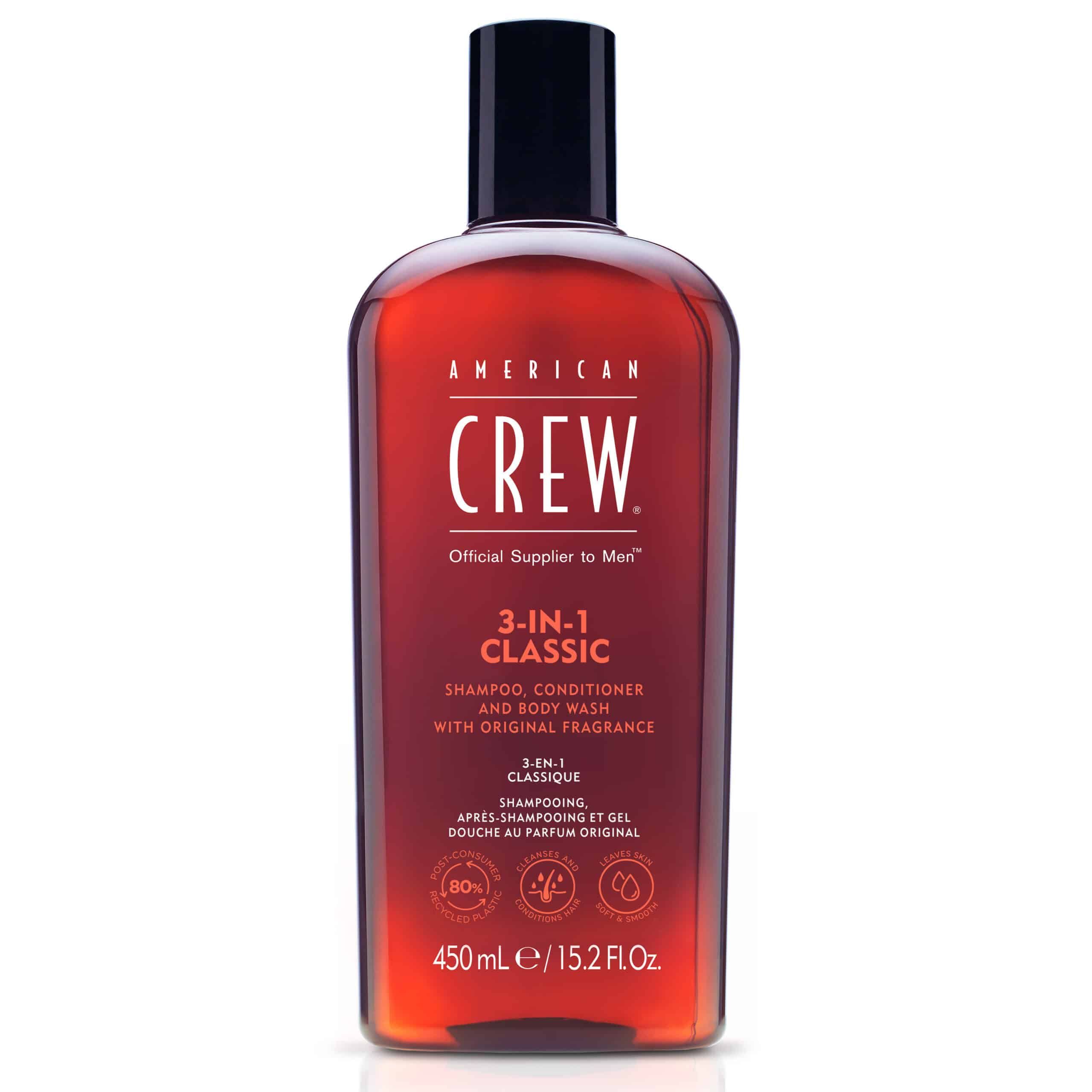 Braune Flasche AMERICAN CREW 3-in-1 Classic Shampoo. Schwarzer Deckel. Text: Shampoo, Conditioner und Body Wash. 450 ml.
