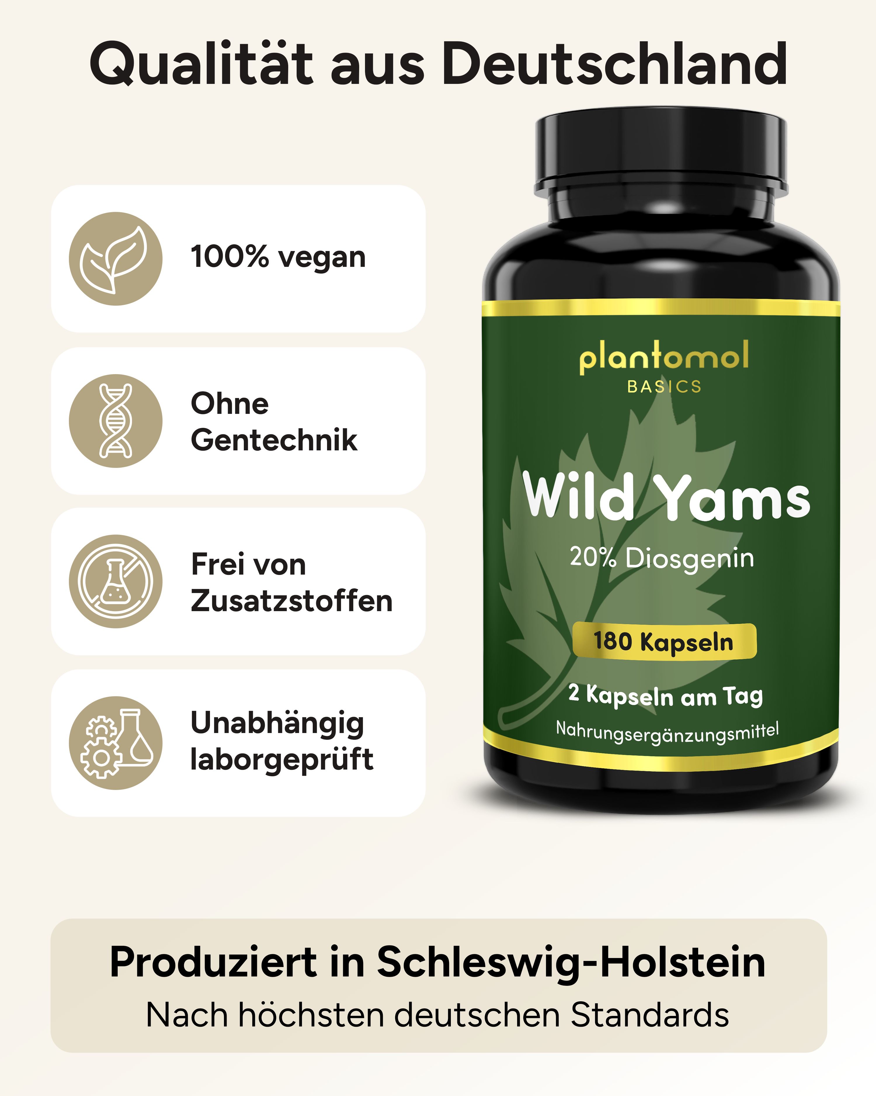 Produktflasche plantomol® Basics Wild Yams. Text: 100% vegan, ohne Gentechnik, frei von Zusatzstoffen, laborgeprüft.
