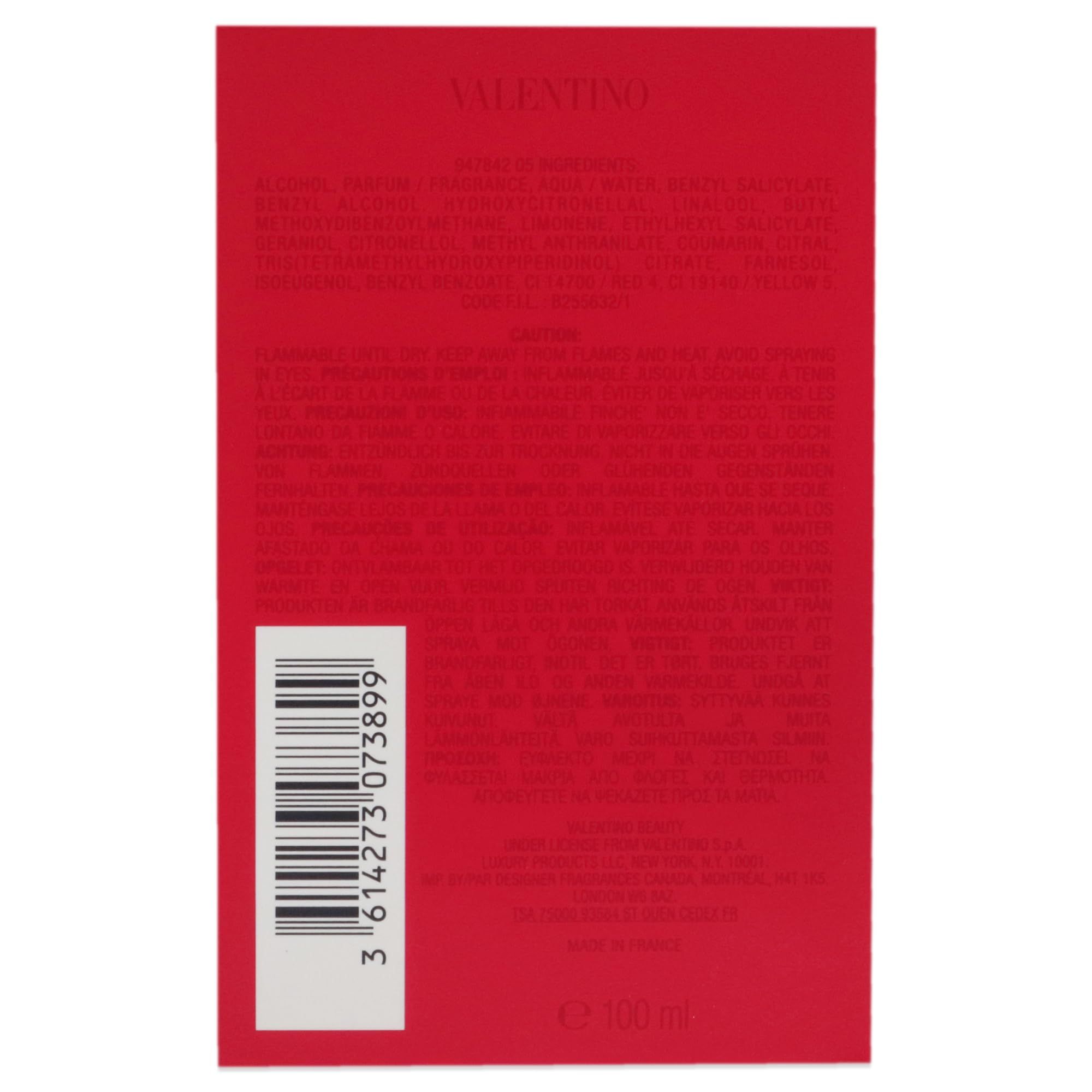 Rückseite einer roten Verpackung. Text und Barcode. Aufschrift: VALENTINO. Produktverpackung.