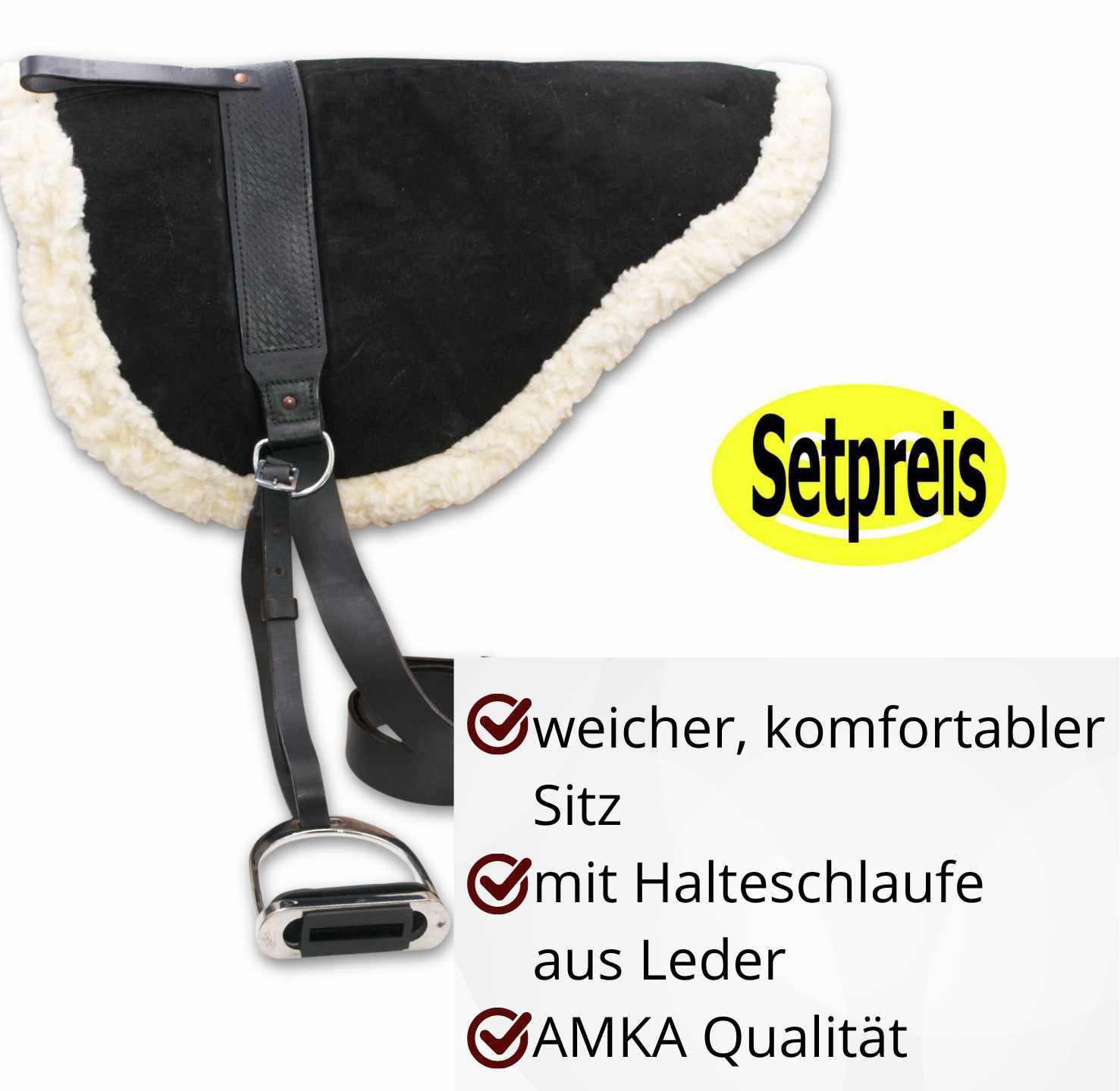 AMKA Leder Bareback Pad. Text: weicher, komfortabler Sitz, mit Halteschlaufe aus Leder, AMKA Qualität. Gelbes Etikett: Setpreis.