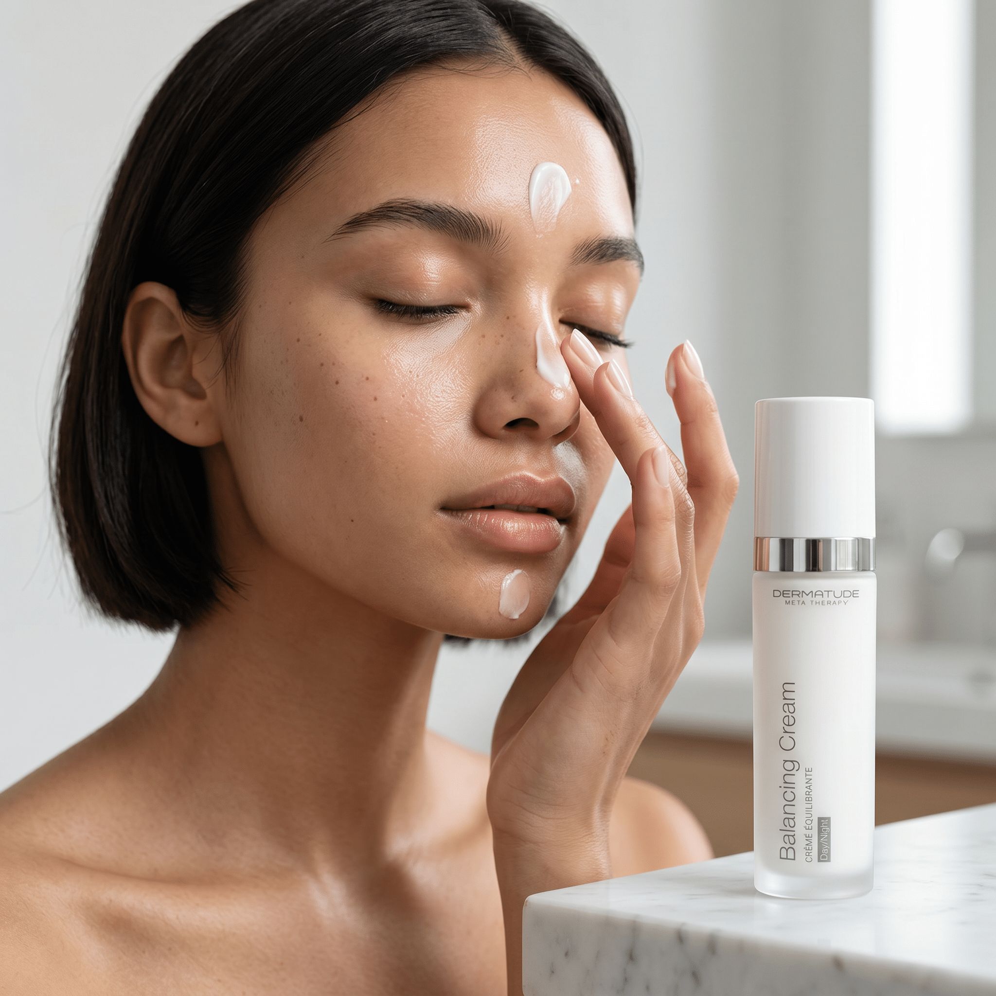 Frau trägt Balancing Cream auf ihr Gesicht auf. Flasche daneben.