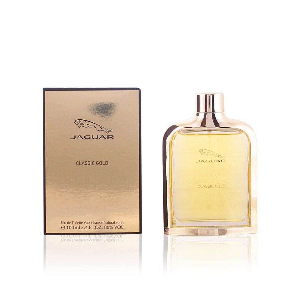 Goldfarbener Flakon und Schachtel. Aufschrift: Jaguar, Classic Gold. Flakon mit goldfarbenem Verschluss.