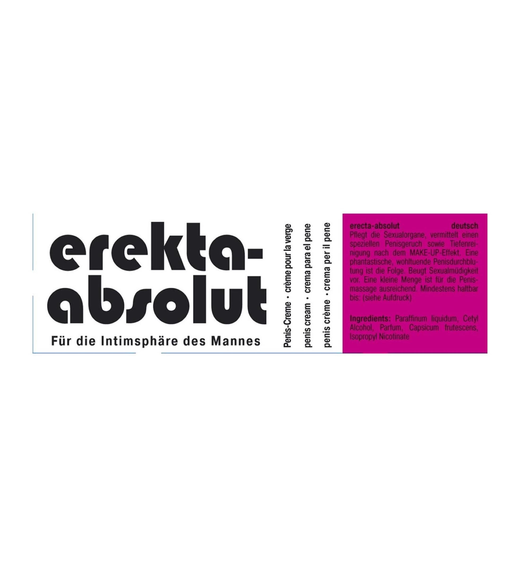 Produktname und Inhaltsstoffe auf weißem Hintergrund. Text: erekta-absolut, Penis-Creme, Für die Intimsphäre des Mannes.