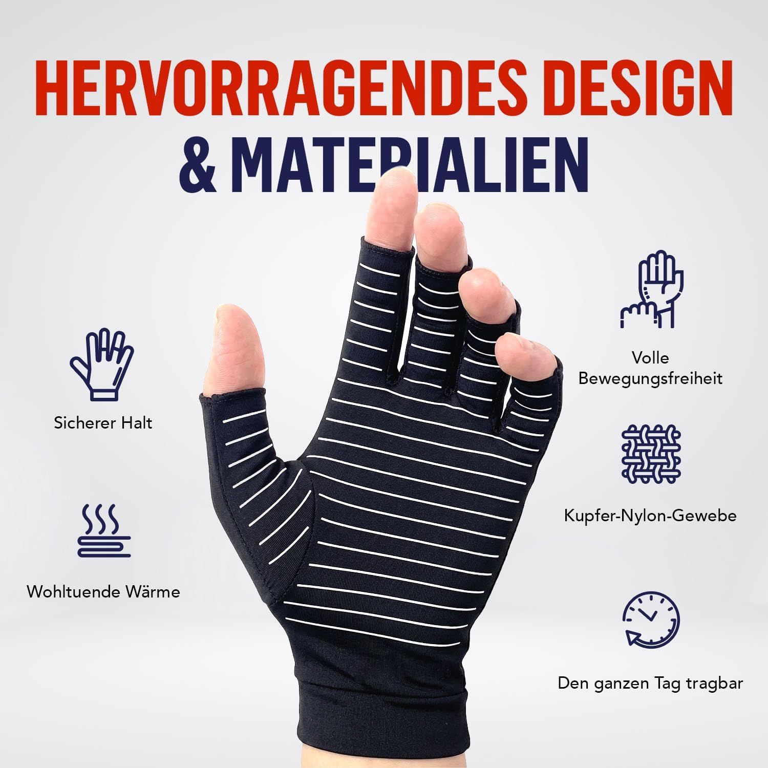 Grauer Kompressionshandschuh mit offenen Fingern und Kompressionszonen.
