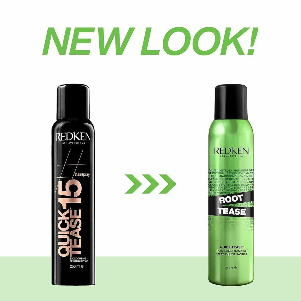 Vergleich von Redken Quick Tease 15 und Root Tease. Quick Tease in Schwarz, Root Tease in Grün. Pfeile zeigen den neuen Look.