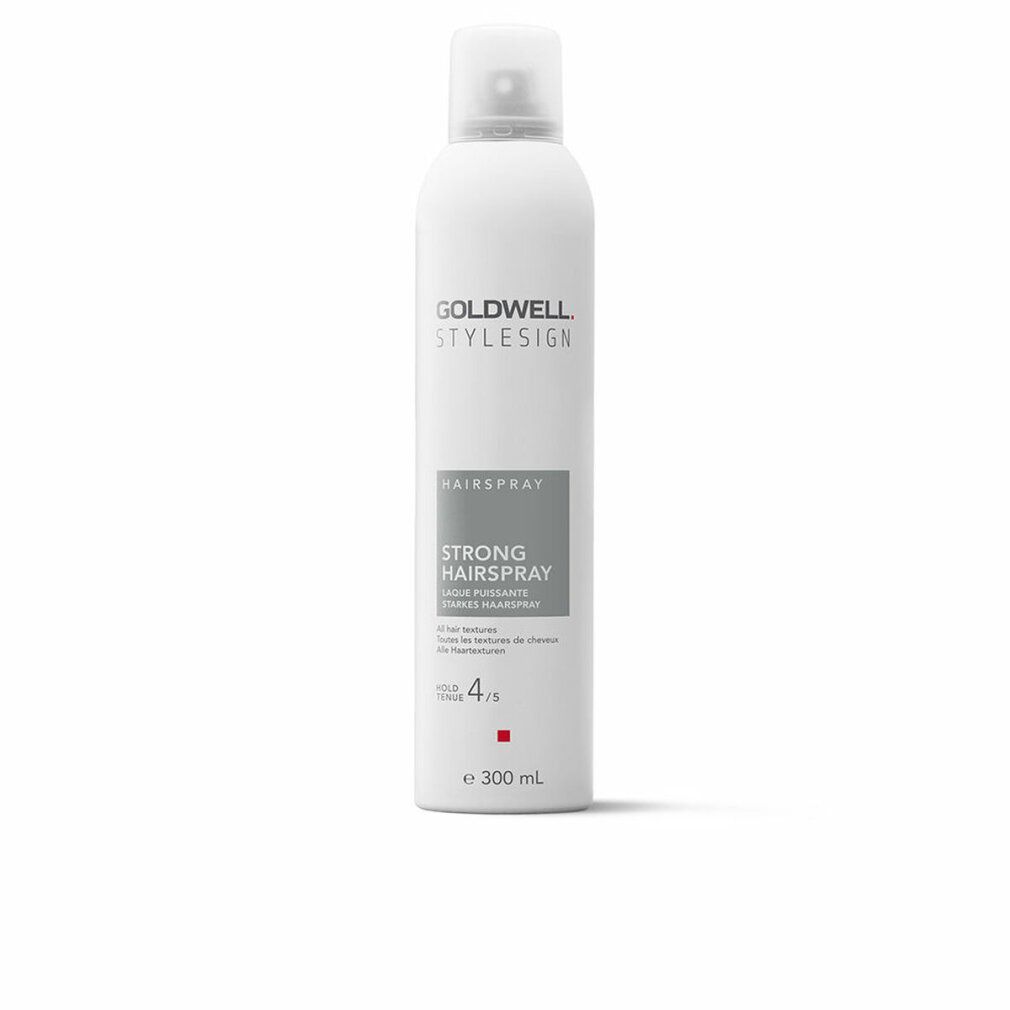 Goldwell Stylesign Haarspray-Flasche, weiß, mit Sprühkopf. Text: "HAIRSPRAY STRONG HAIRSPRAY". Stärke 4/5. Volumenangabe.
